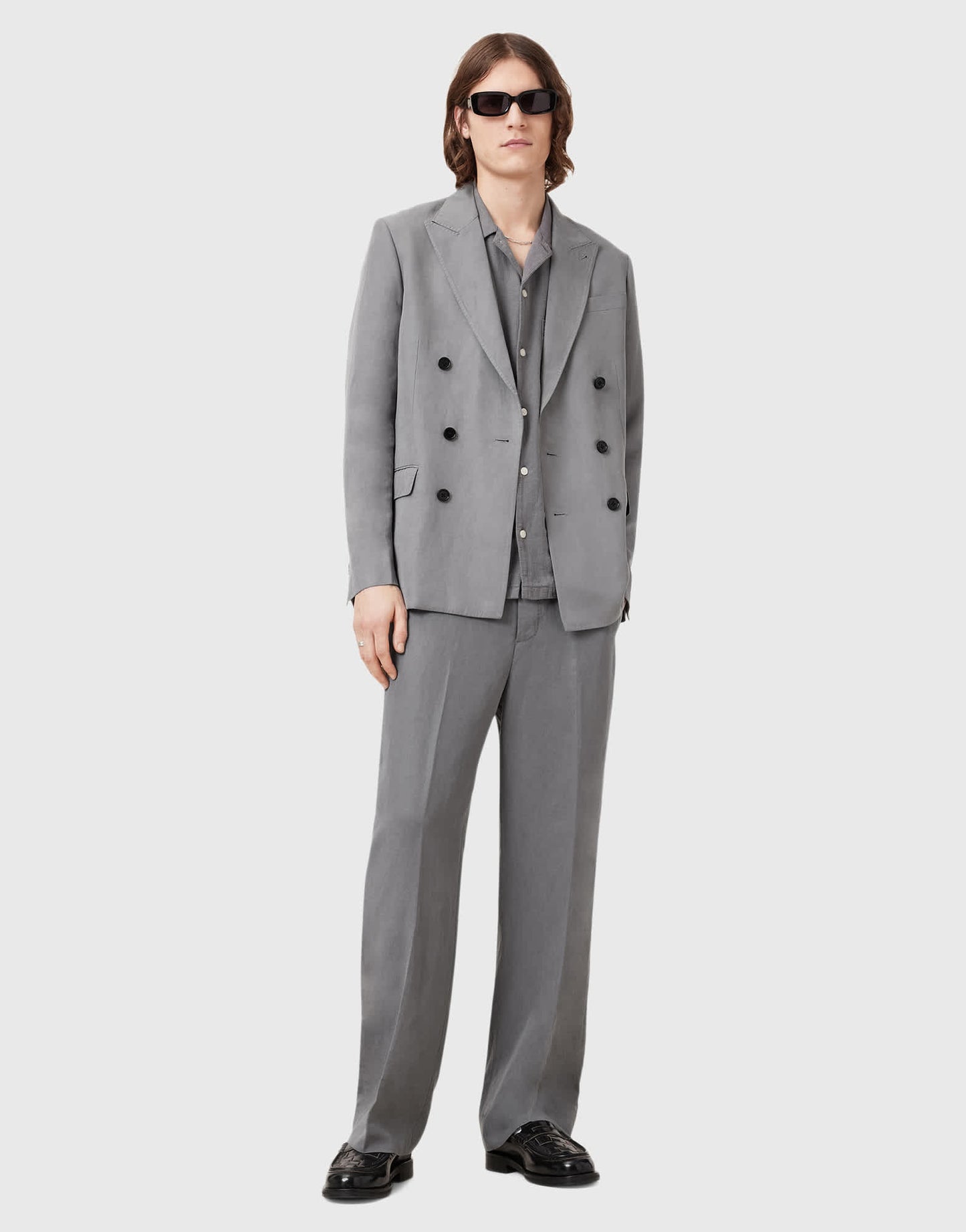 Allsaints Orpheus double breasted tailored blazer in light grey - GREY