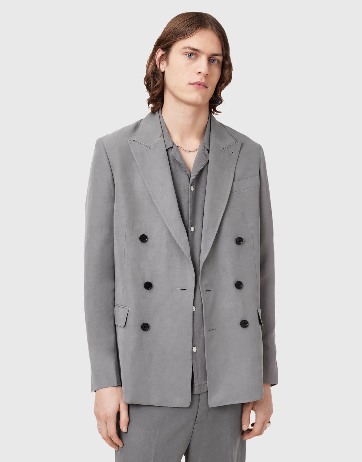Allsaints Orpheus double breasted tailored blazer in light grey - GREY