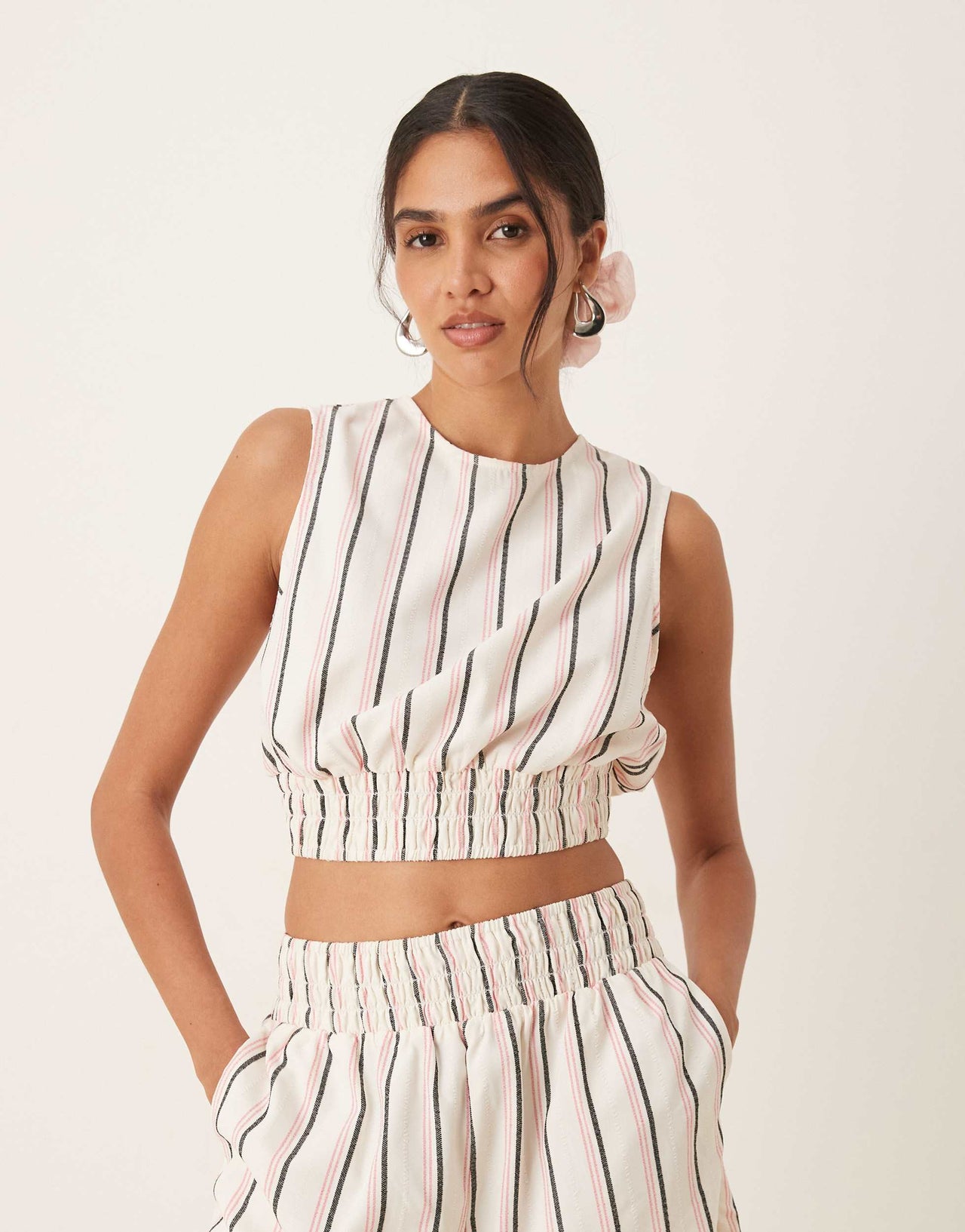 ASOS DESIGN open back shirred top co-ord in pink stripe