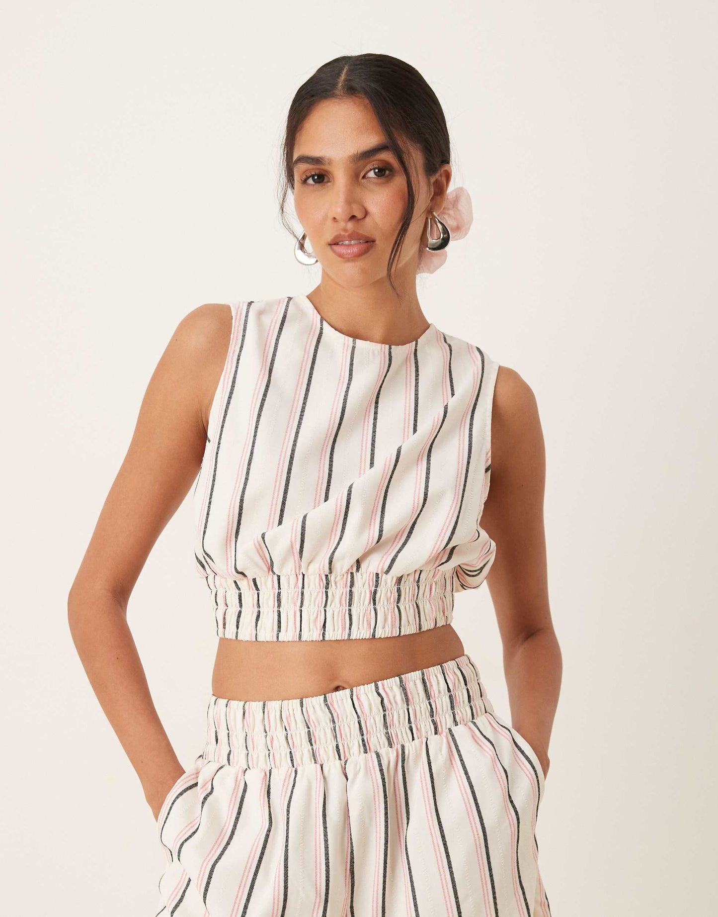 ASOS DESIGN open back shirred top co-ord in pink stripe