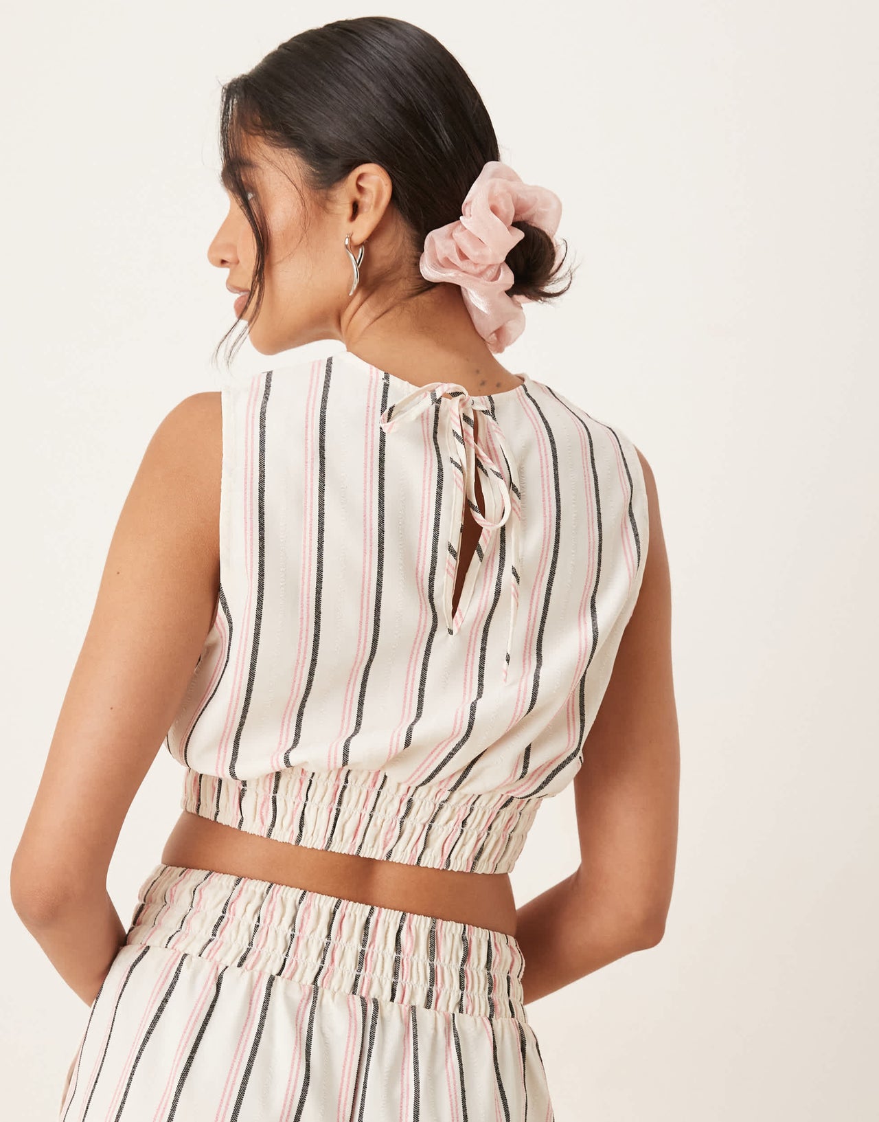 ASOS DESIGN open back shirred top co-ord in pink stripe