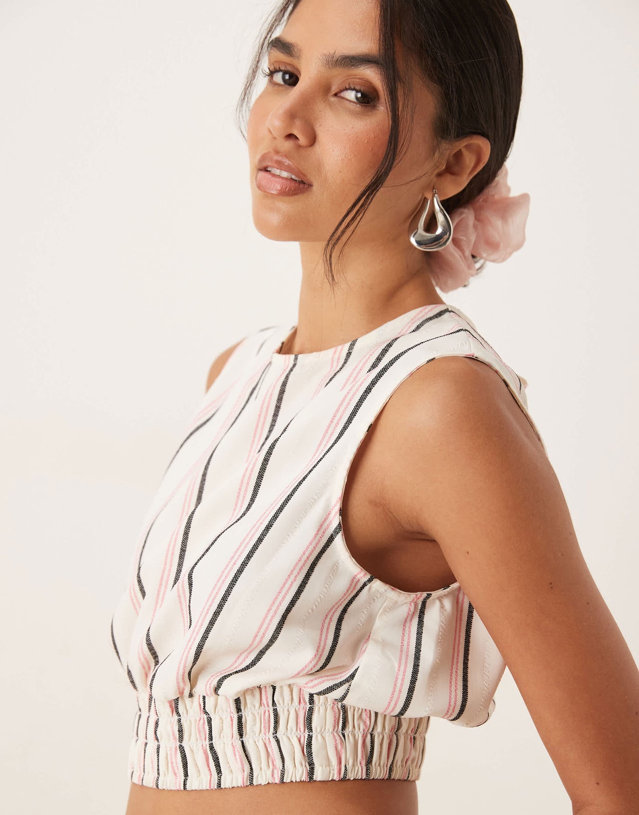 ASOS DESIGN open back shirred top co-ord in pink stripe