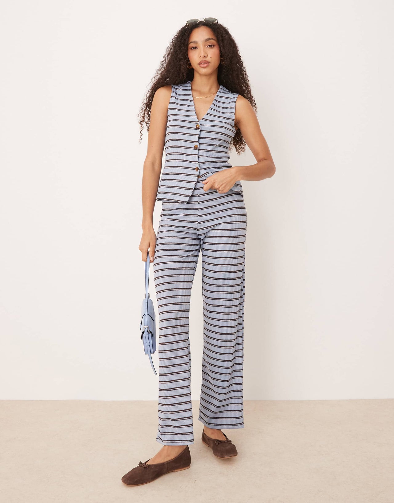 ASOS DESIGN wide leg trouser co-ord in brown and blue stripe