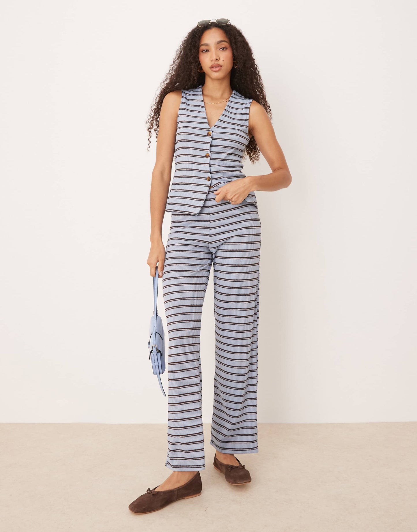 ASOS DESIGN wide leg trouser co-ord in brown and blue stripe