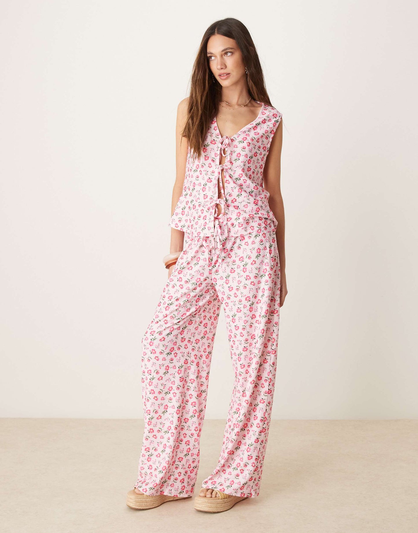 ASOS DESIGN wide leg tie front trouser in pink ditsy floral