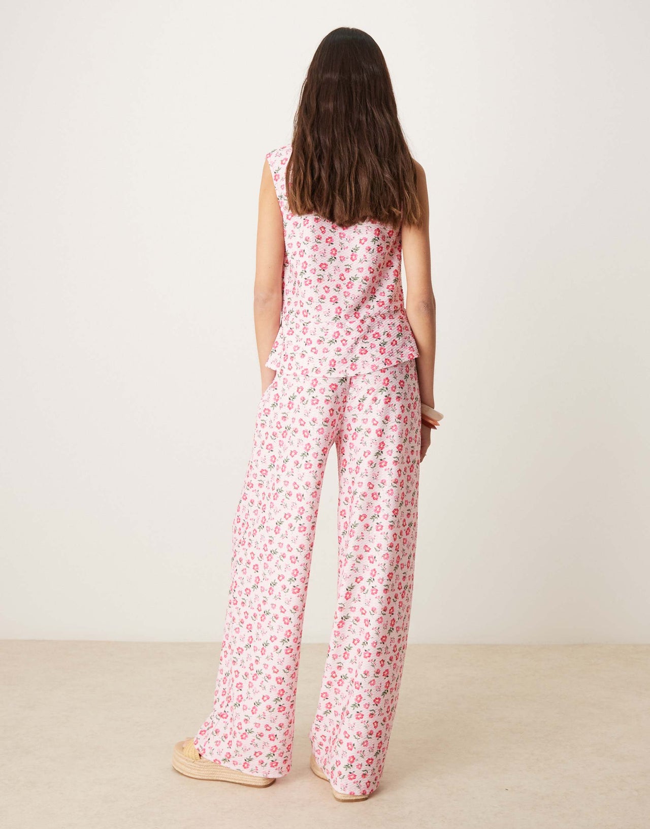 ASOS DESIGN wide leg tie front trouser in pink ditsy floral