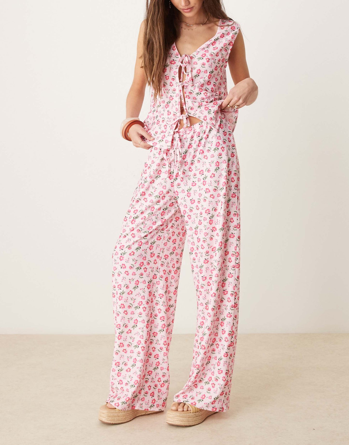 ASOS DESIGN wide leg tie front trouser in pink ditsy floral