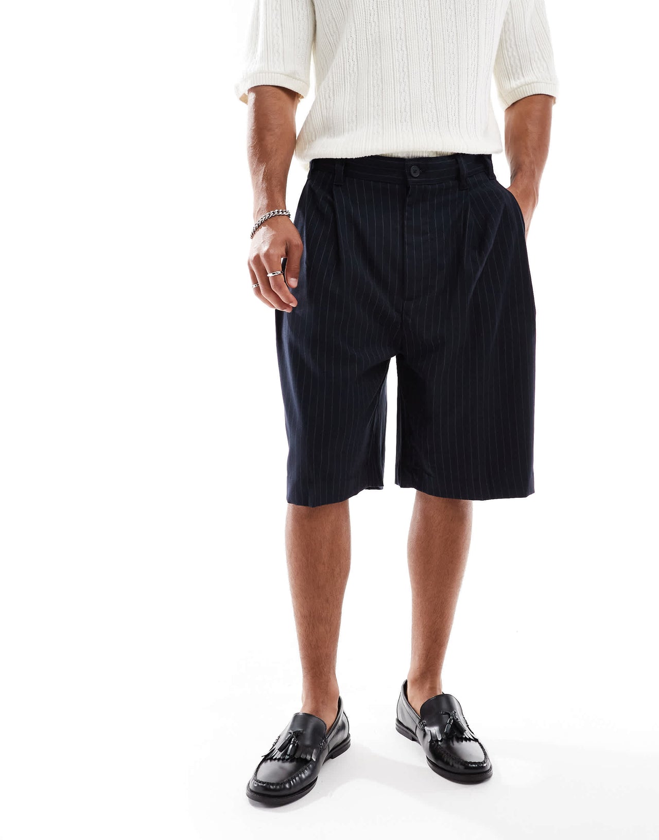 Pull&Bear smart tailored short in navy stripe