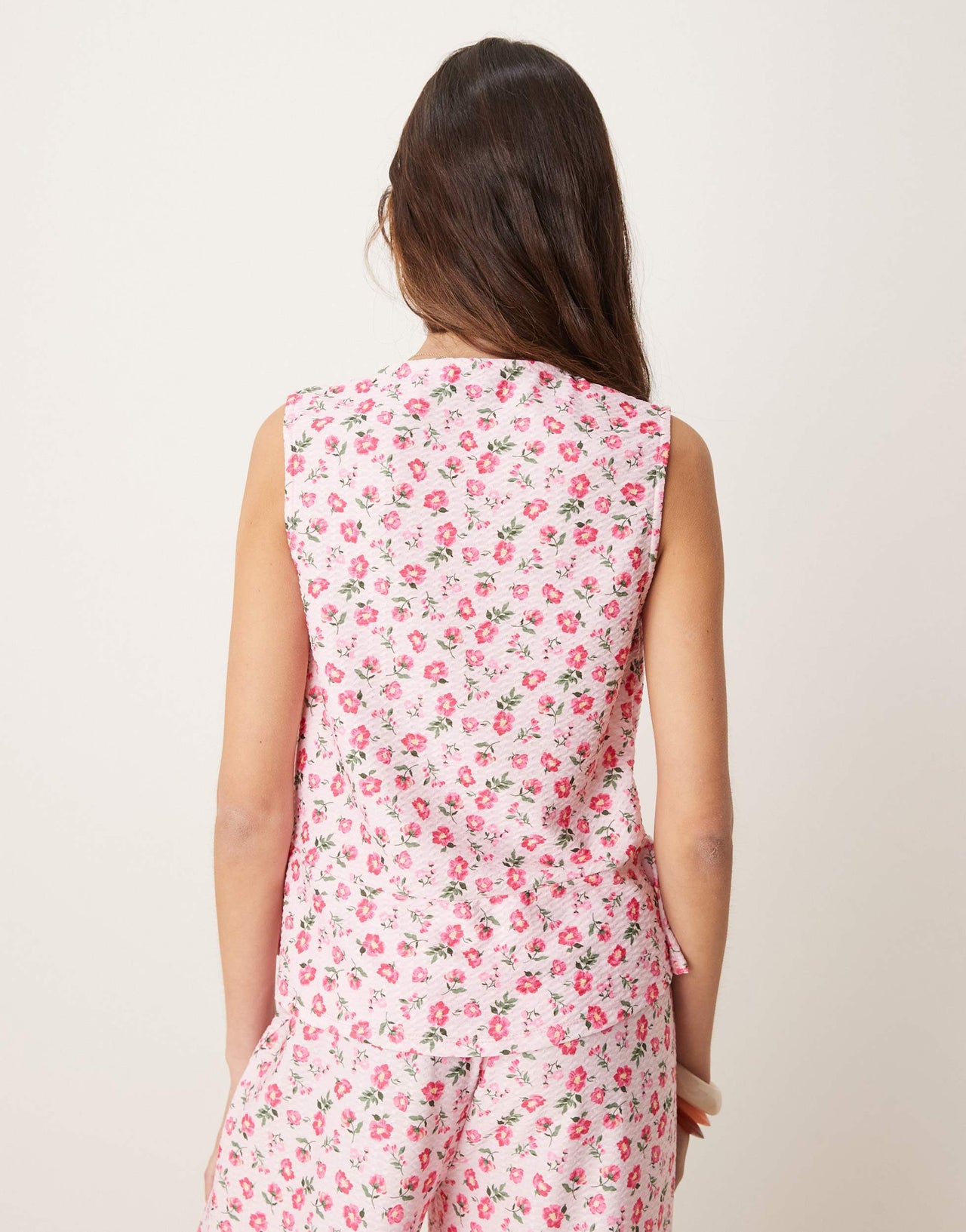 ASOS DESIGN tie front frilly waistcoat co-ord in pink ditsy floral