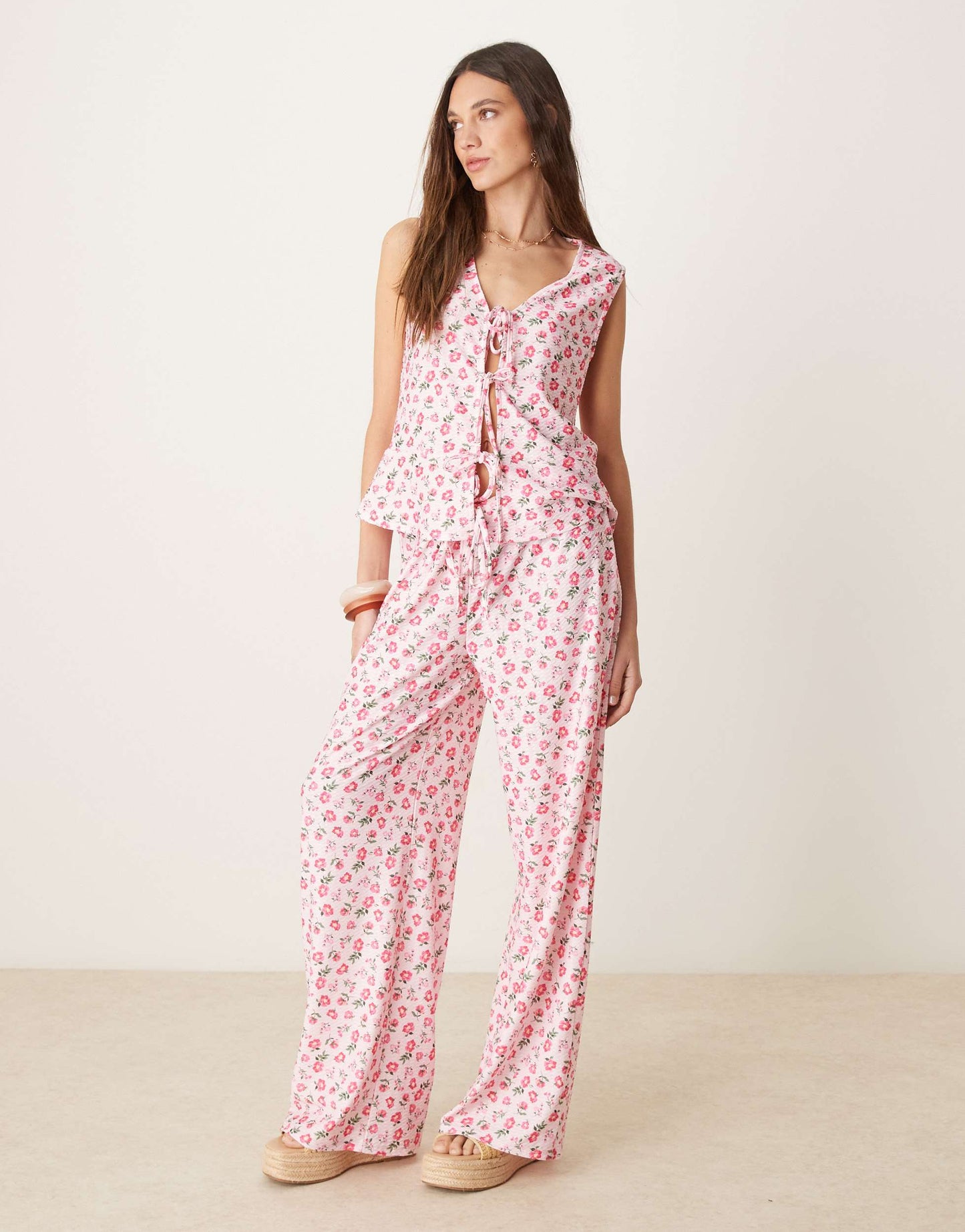 ASOS DESIGN tie front frilly waistcoat co-ord in pink ditsy floral