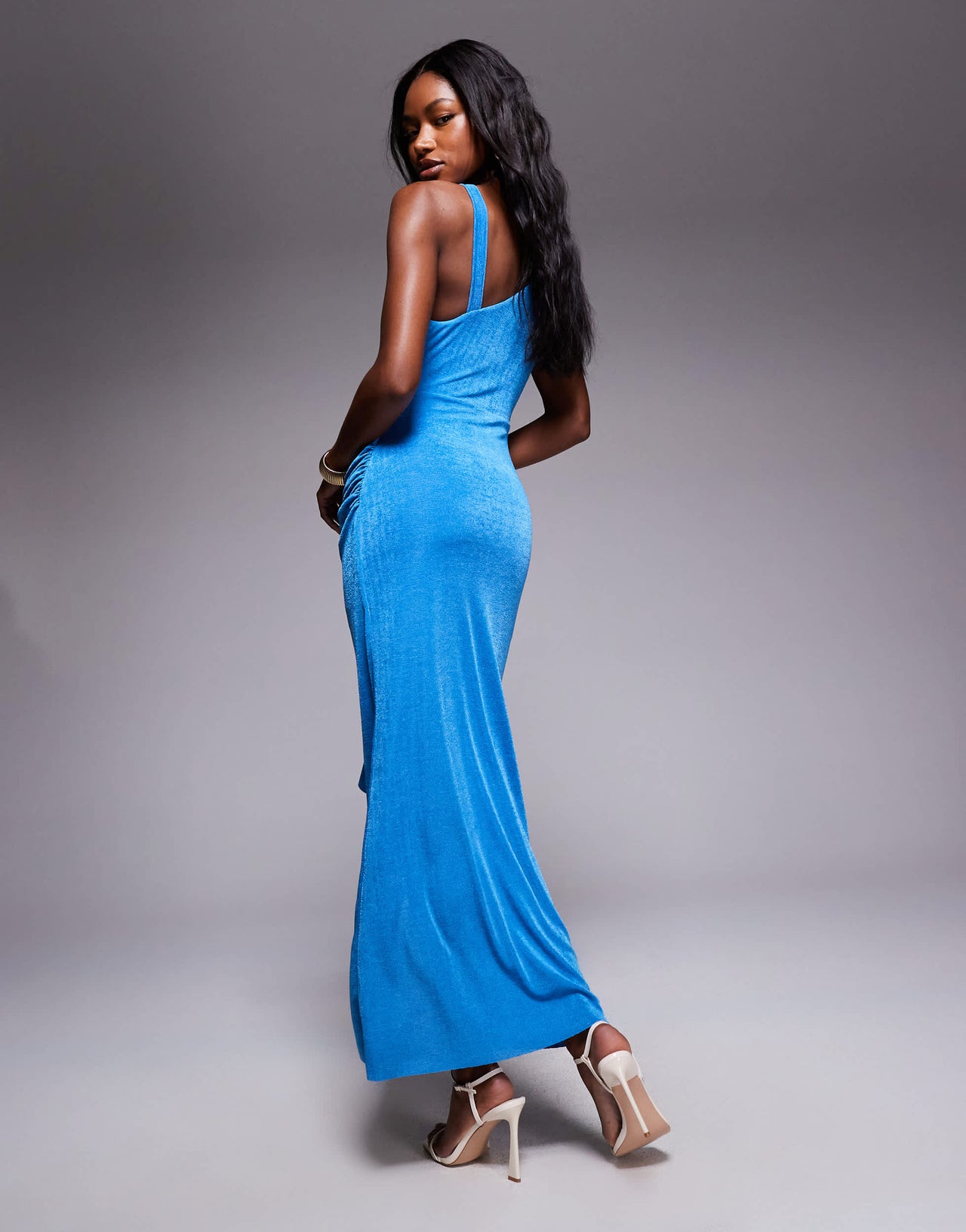 ASOS DESIGN high neck maxi slinky dress with drape in blue
