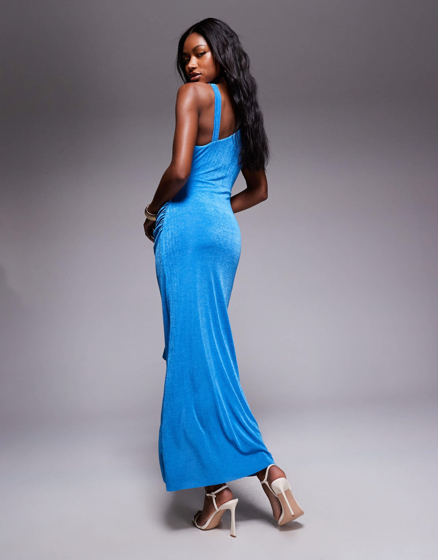 ASOS DESIGN high neck maxi slinky dress with drape in blue