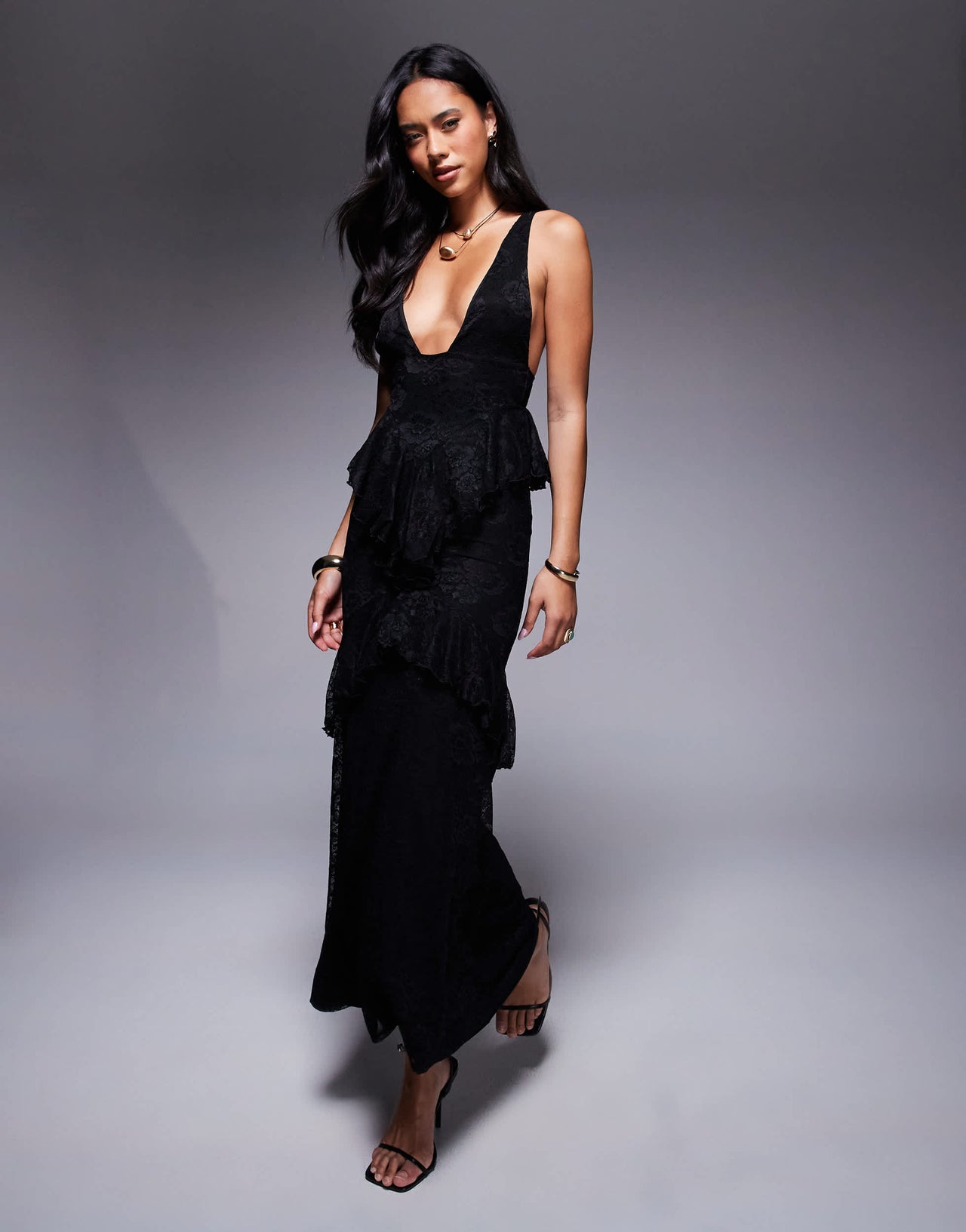 ASOS DESIGN lace plunge ruffle maxi dress in black