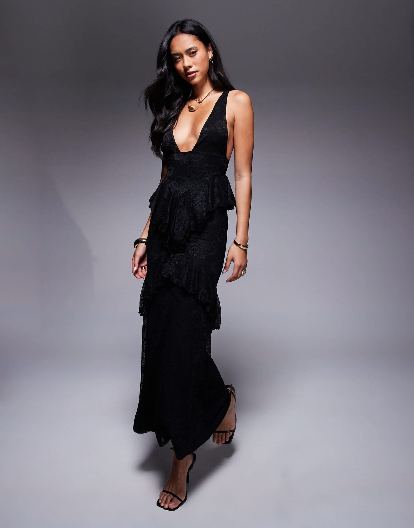 ASOS DESIGN lace plunge ruffle maxi dress in black
