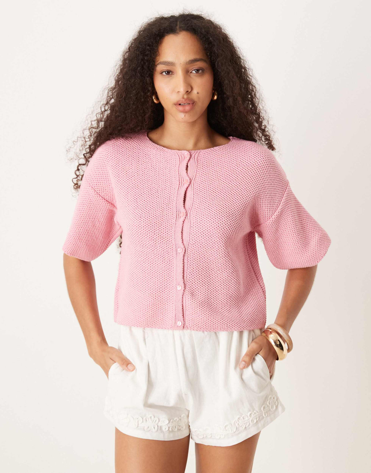 ASOS DESIGN knitted short sleeve cardigan in pink