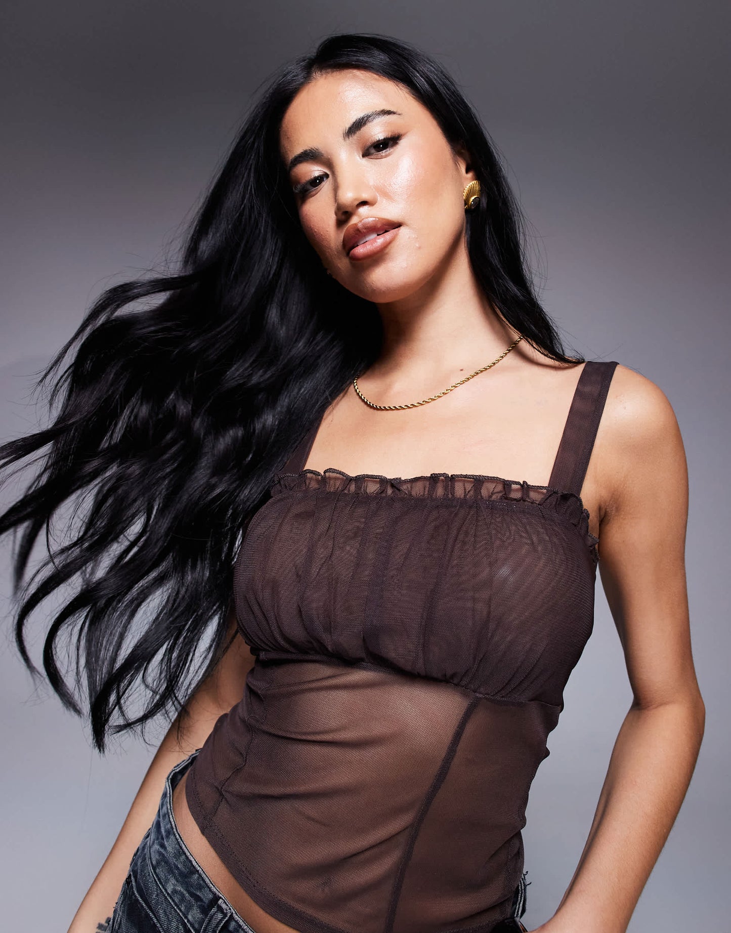 ASOS DESIGN ruched mesh top with seam detail in chocolate
