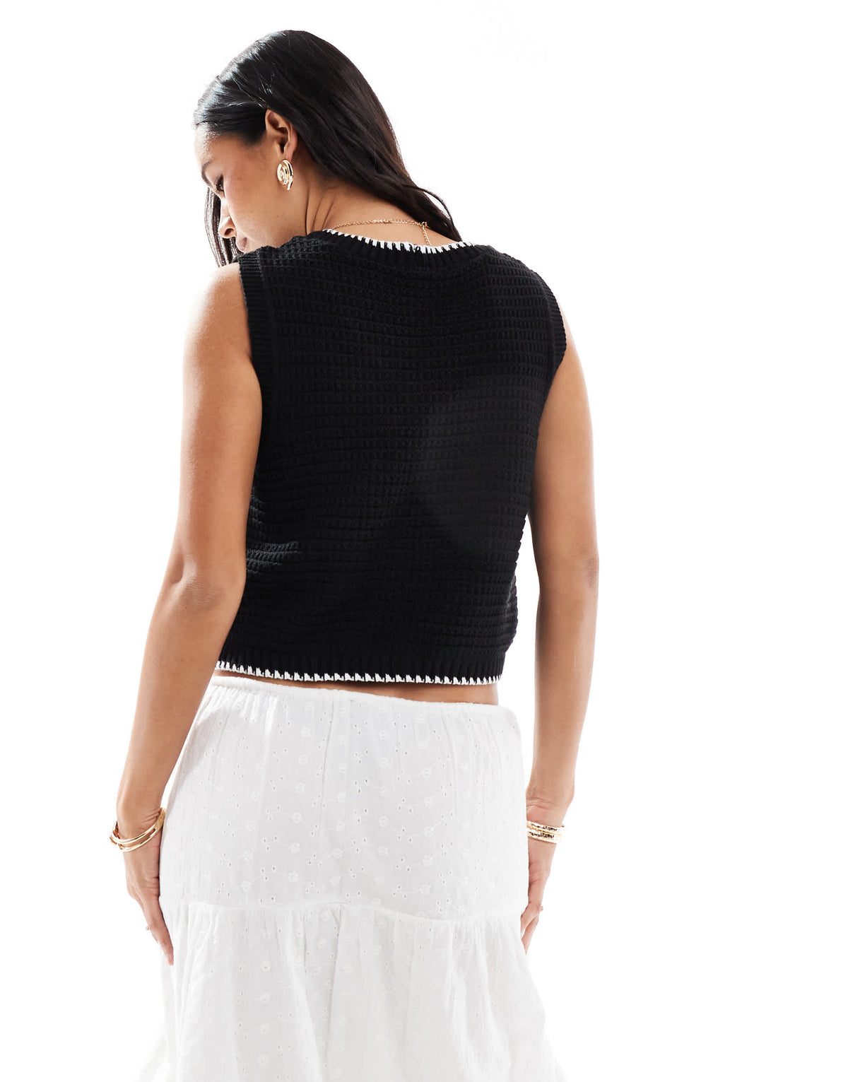 ASOS DESIGN mock crochet knitted button front tank in black