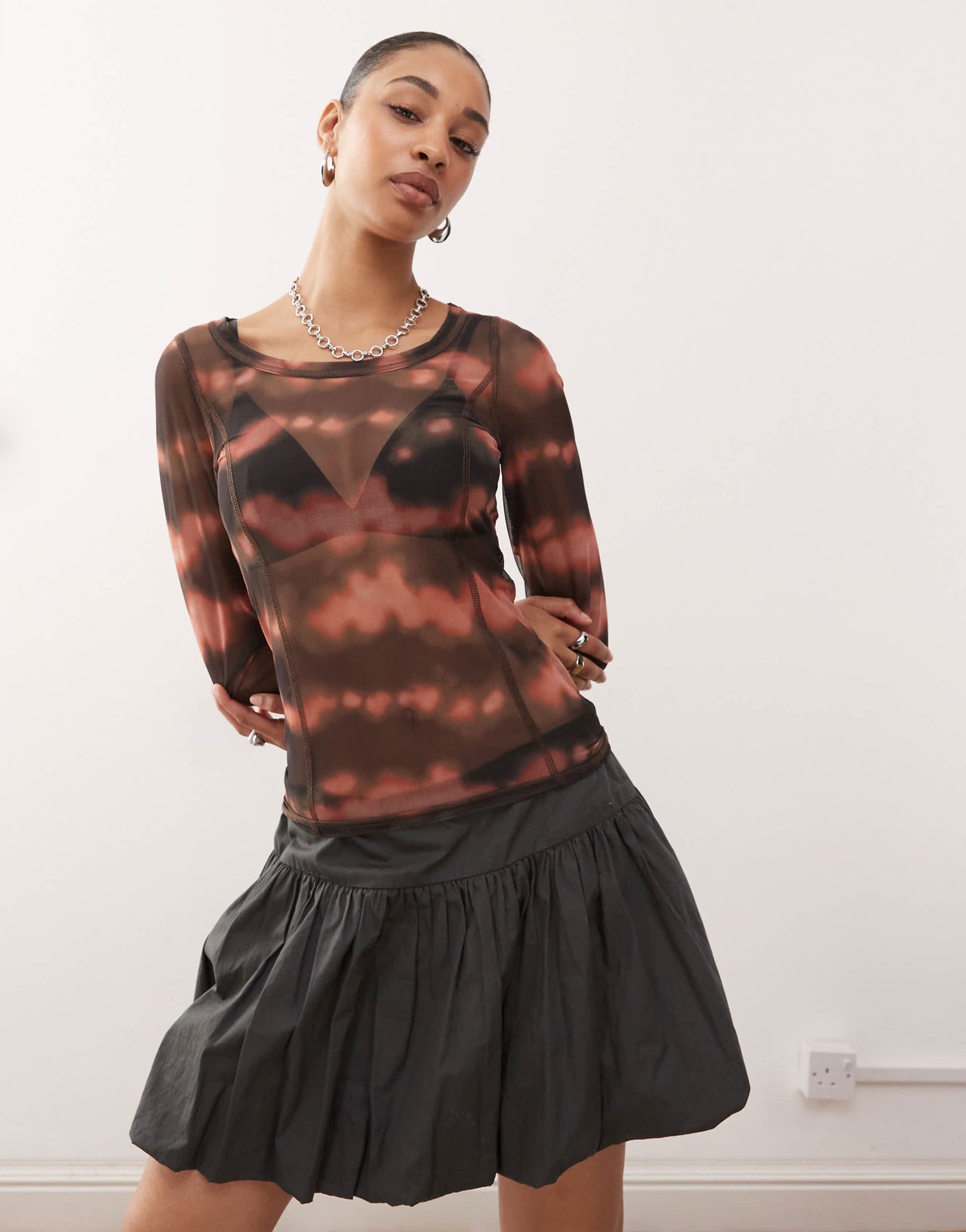 Monki mesh semi sheer long sleeve top in chocolate blurred print