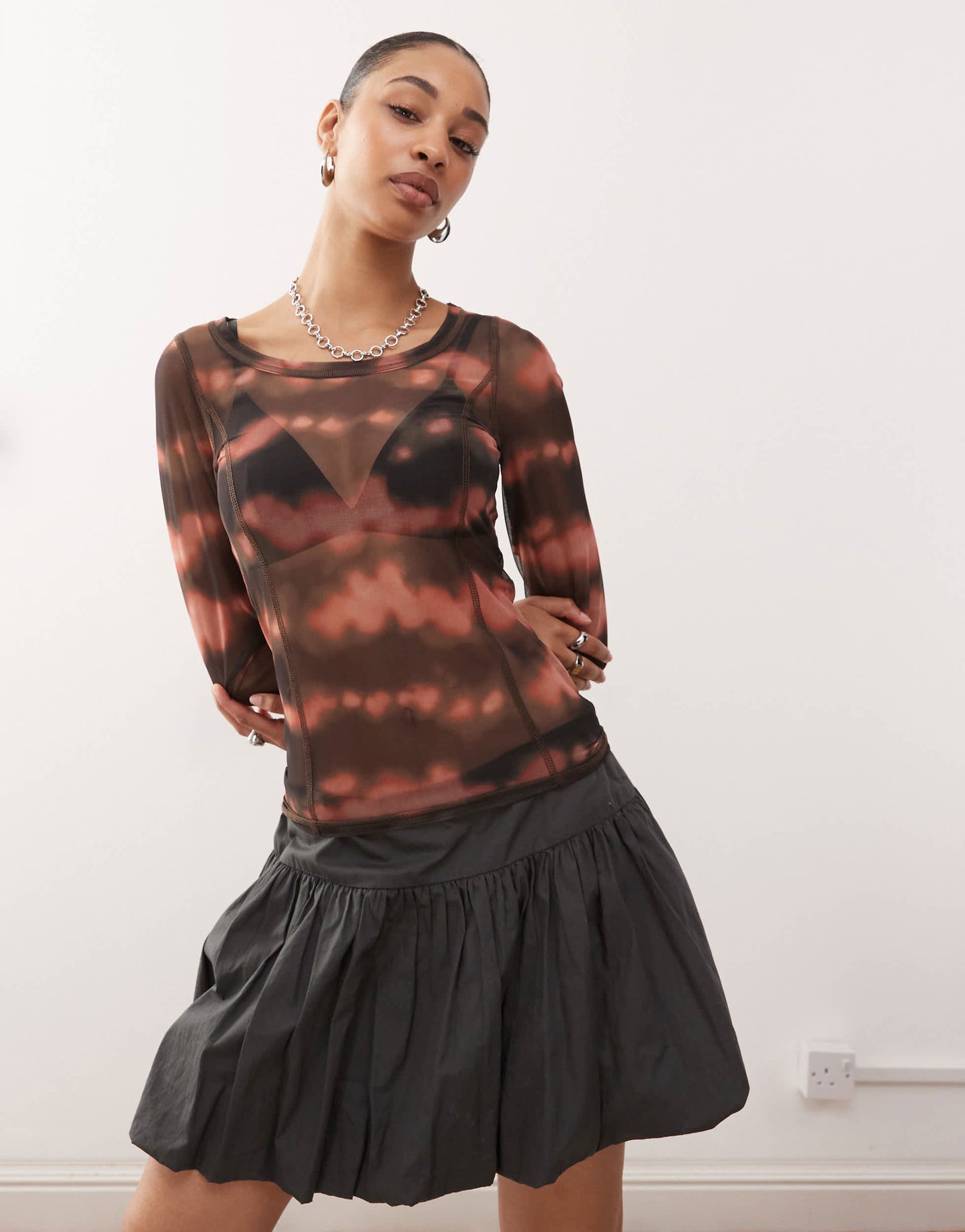 Monki mesh semi sheer long sleeve top in chocolate blurred print