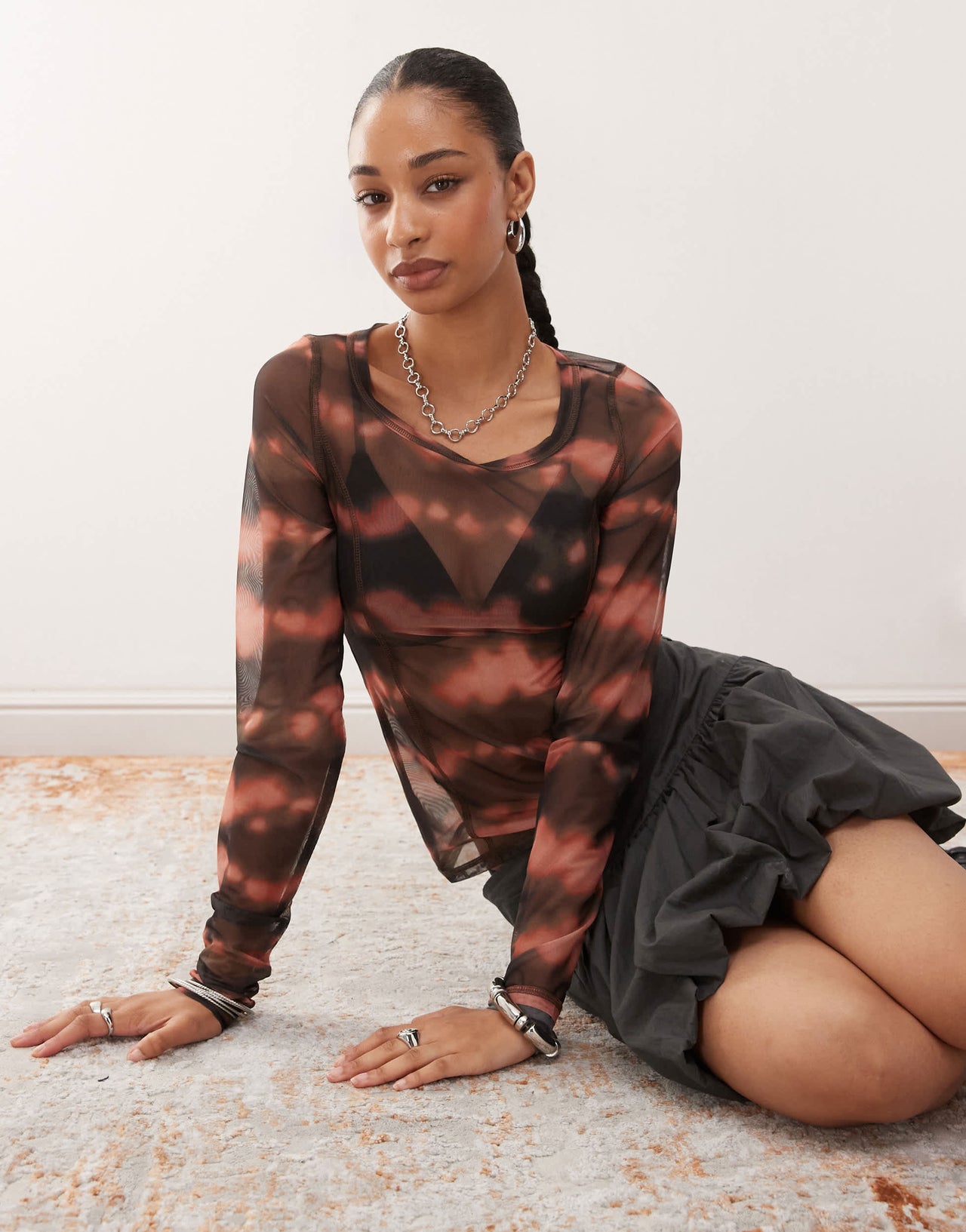 Monki mesh semi sheer long sleeve top in chocolate blurred print
