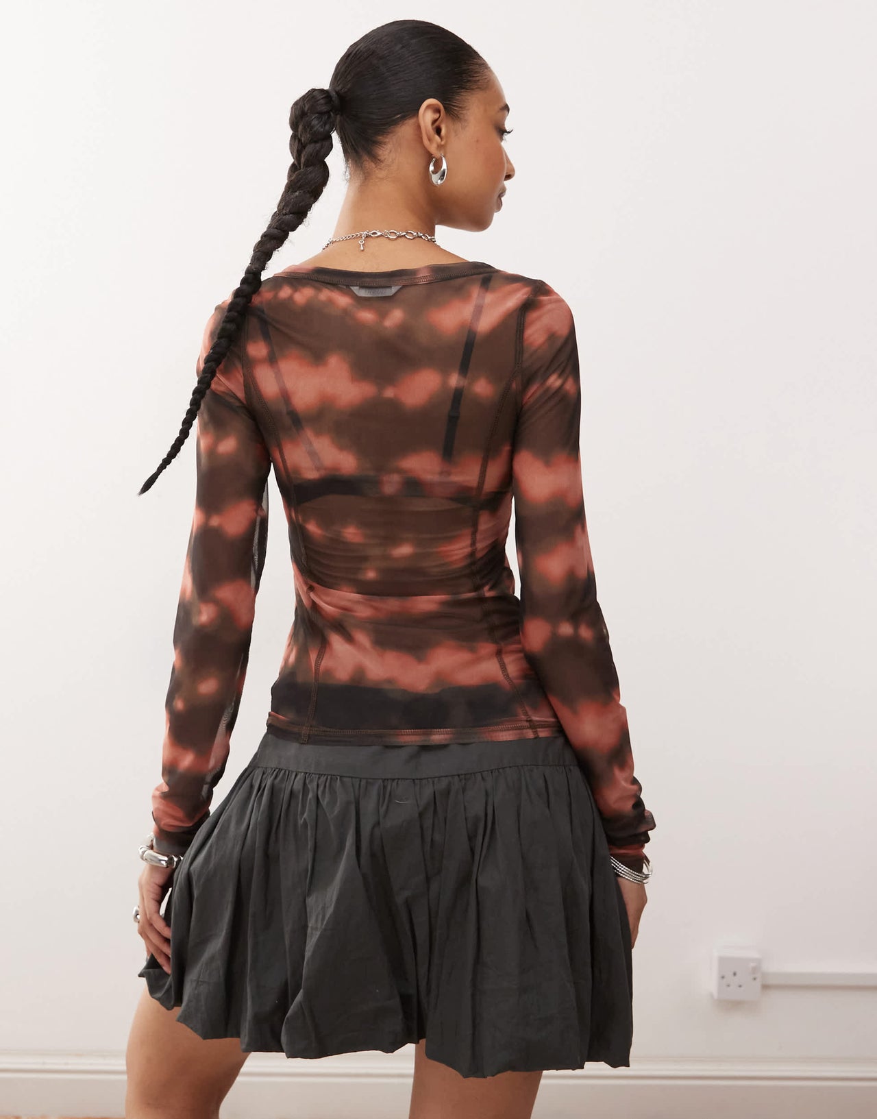 Monki mesh semi sheer long sleeve top in chocolate blurred print