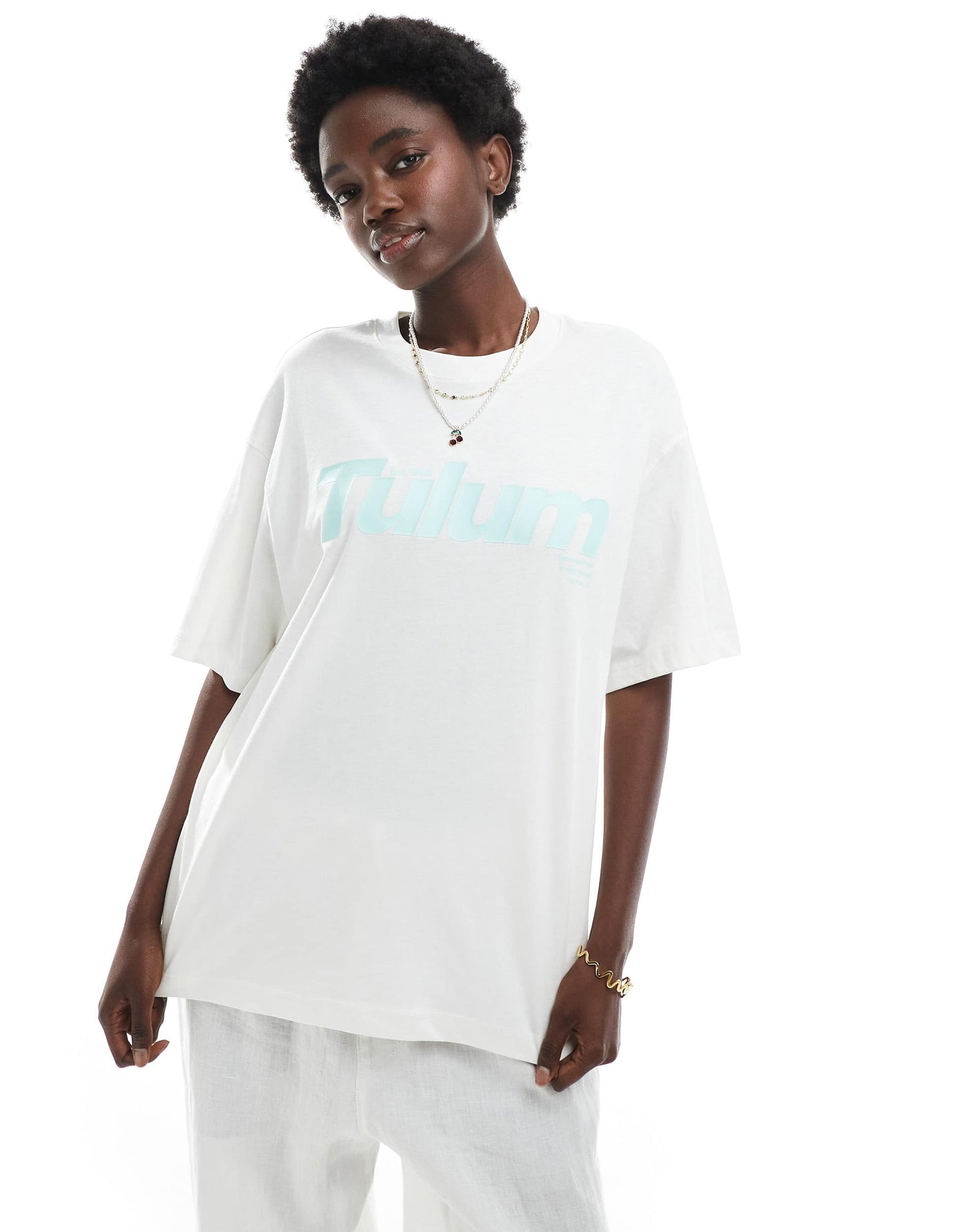 Bershka lotus print oversized t-shirt in white