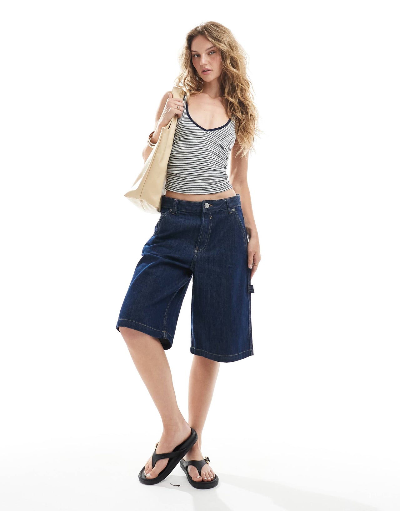 Bershka scoop neck contrast trim cami in blue stripe