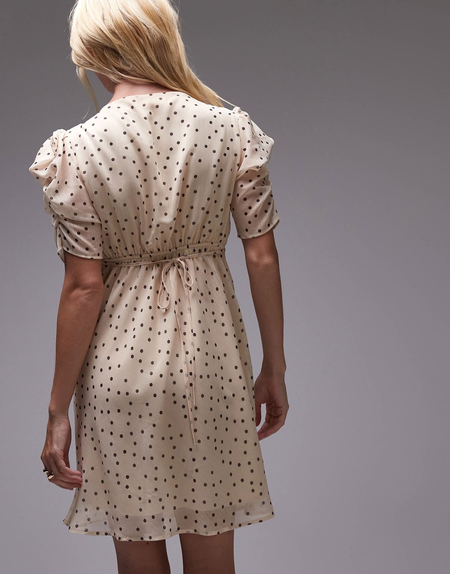 Topshop pinned sleeve mini tea dress in ecru polka dot