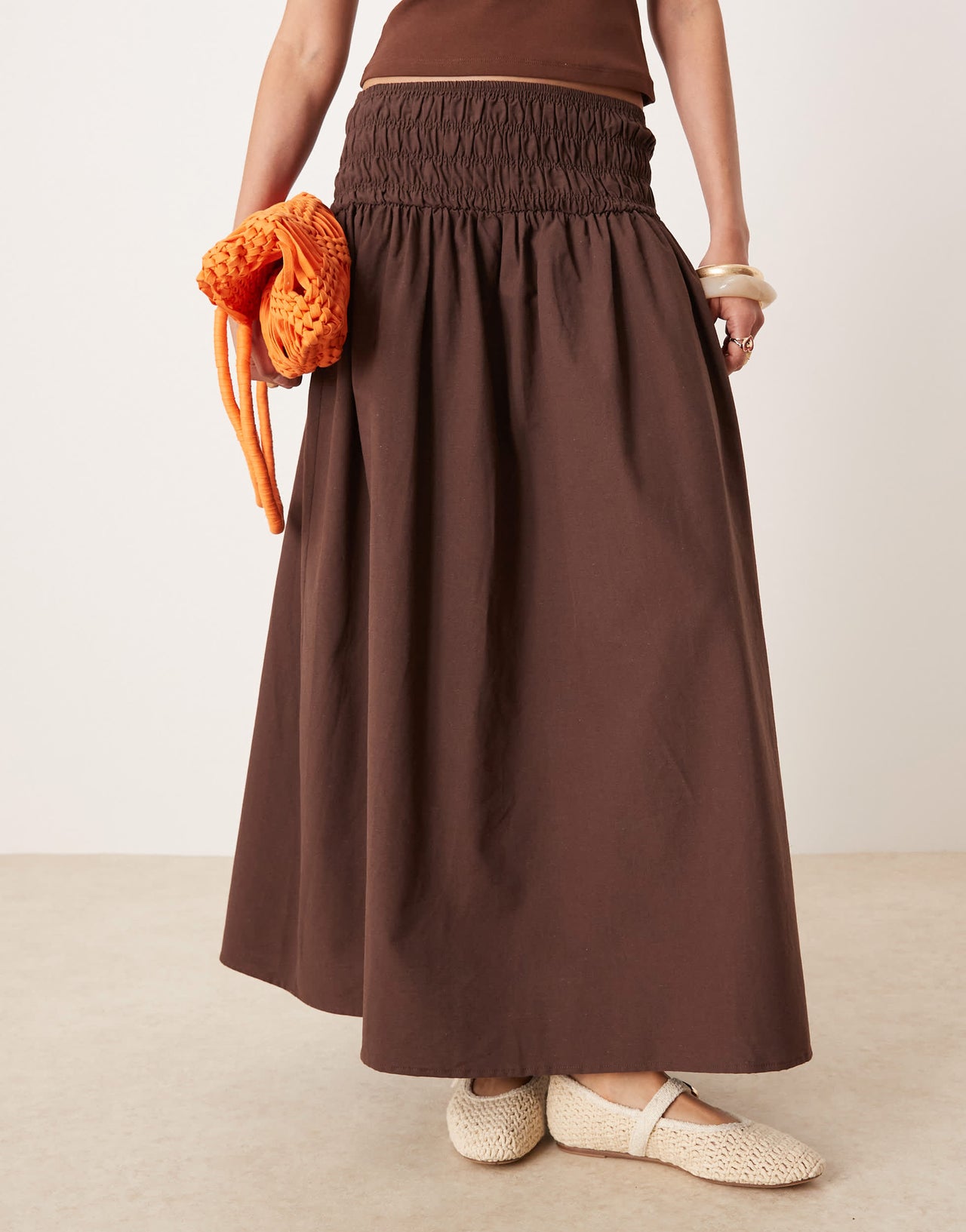 ASOS DESIGN shirred waist maxi skirt in chocolate