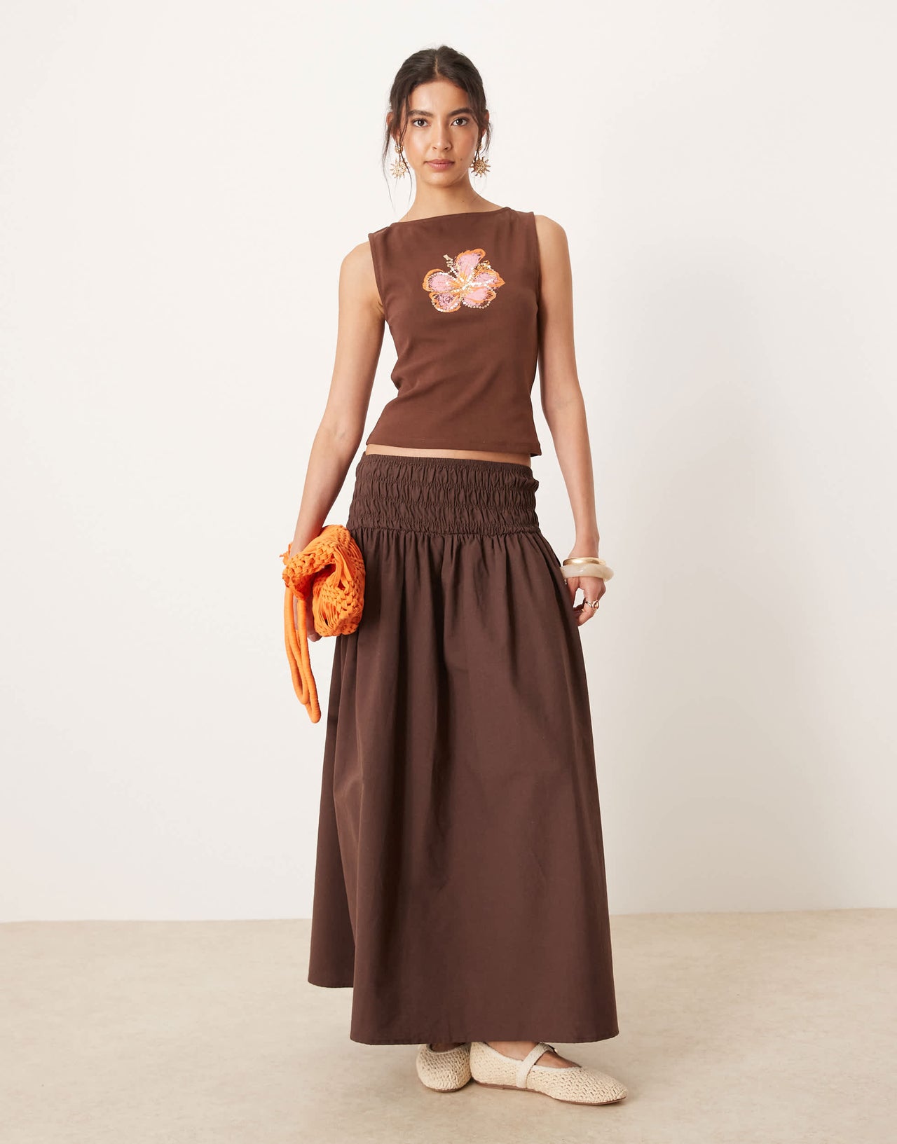 ASOS DESIGN shirred waist maxi skirt in chocolate
