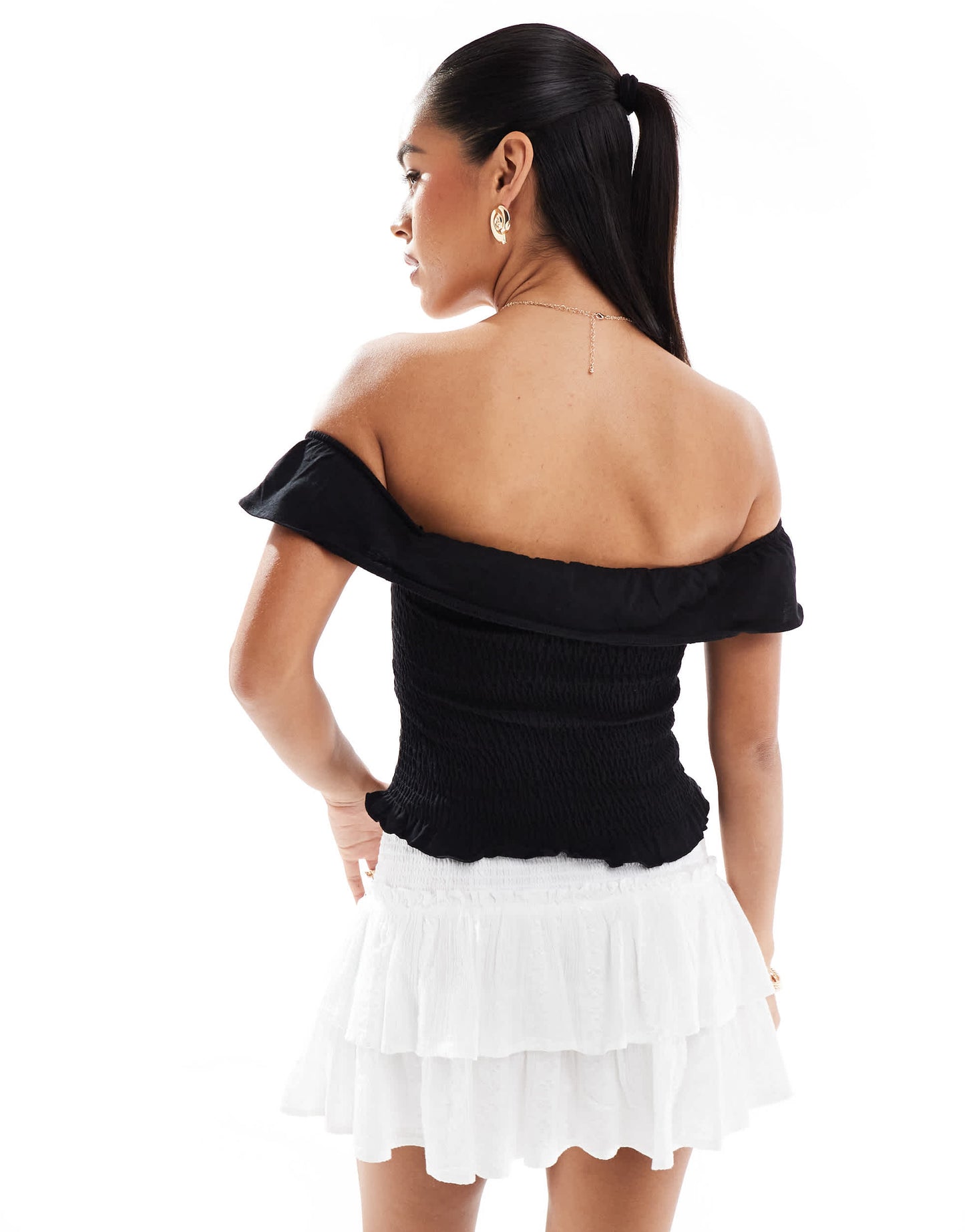 Stradivarius frill square neck top in black