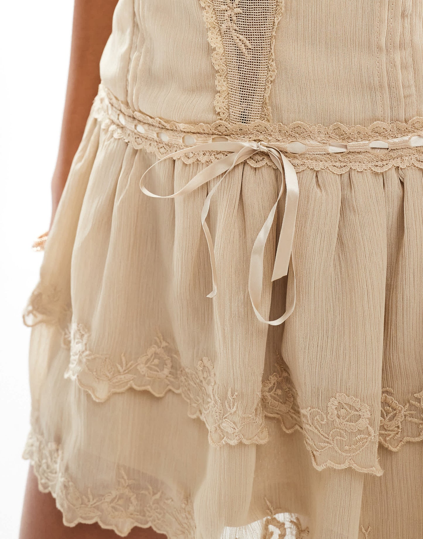 Stradivarius lace detail mini cami dress in beige