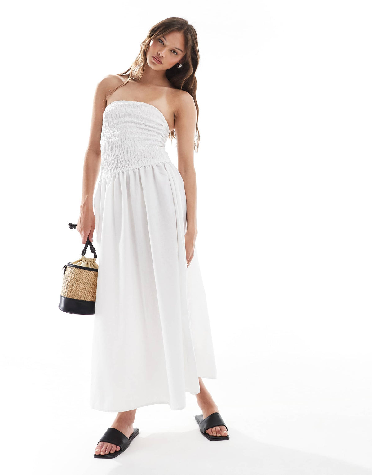 Brave Soul bandeau midi dress with shirred bust in white