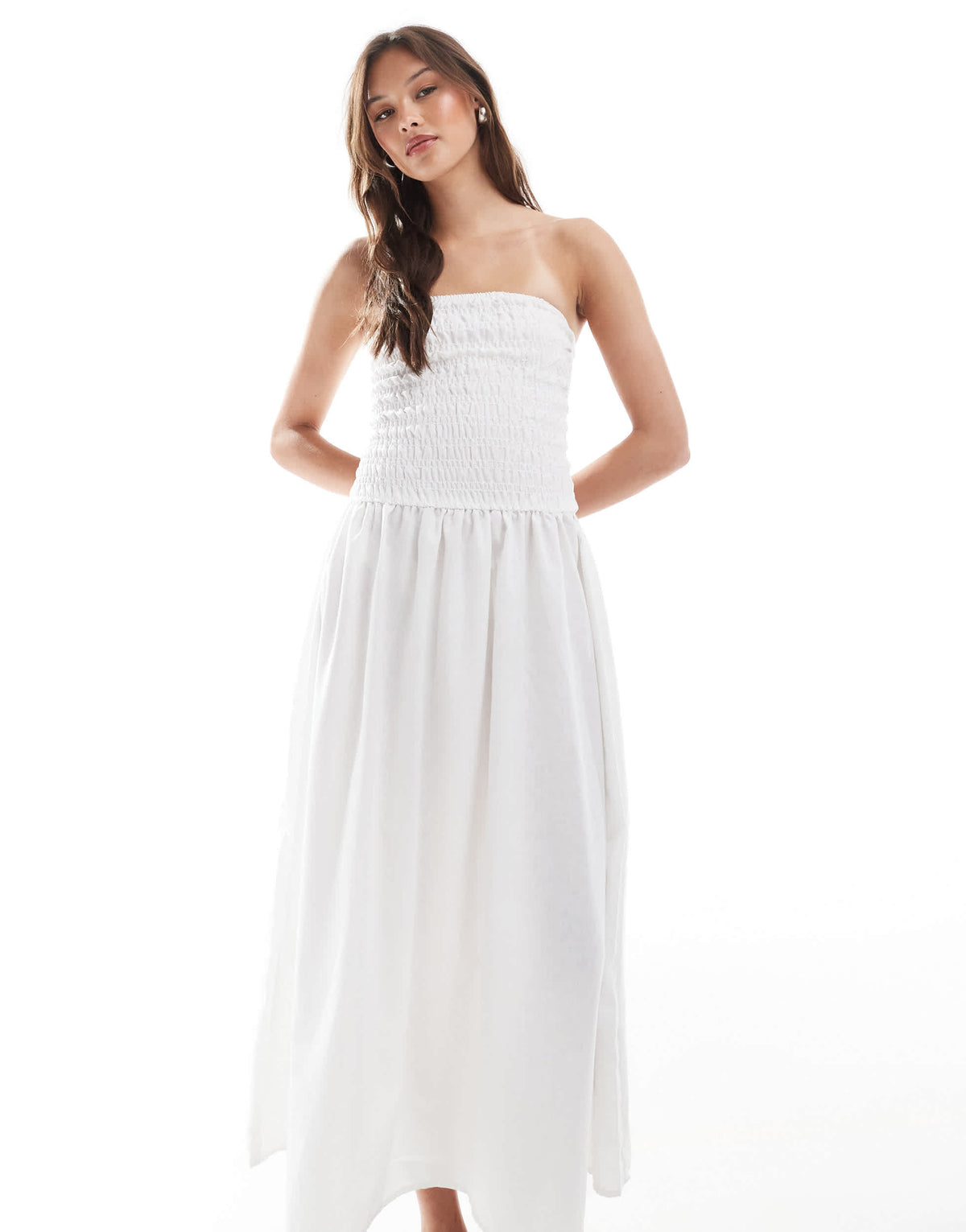 Brave Soul bandeau midi dress with shirred bust in white