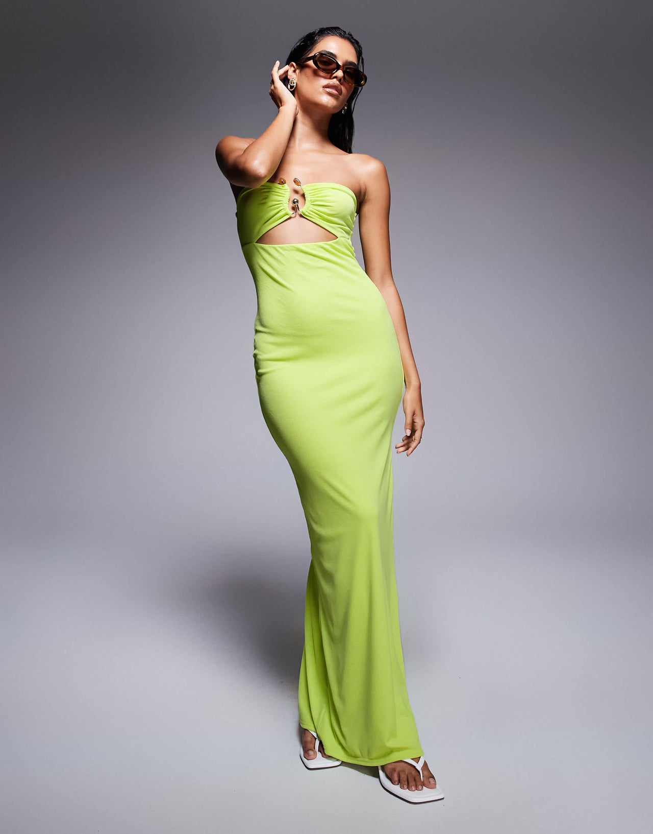 Kaiia exclusive double layered slinky bandeau gold hardware bust detail thigh split maxi dress in lime green