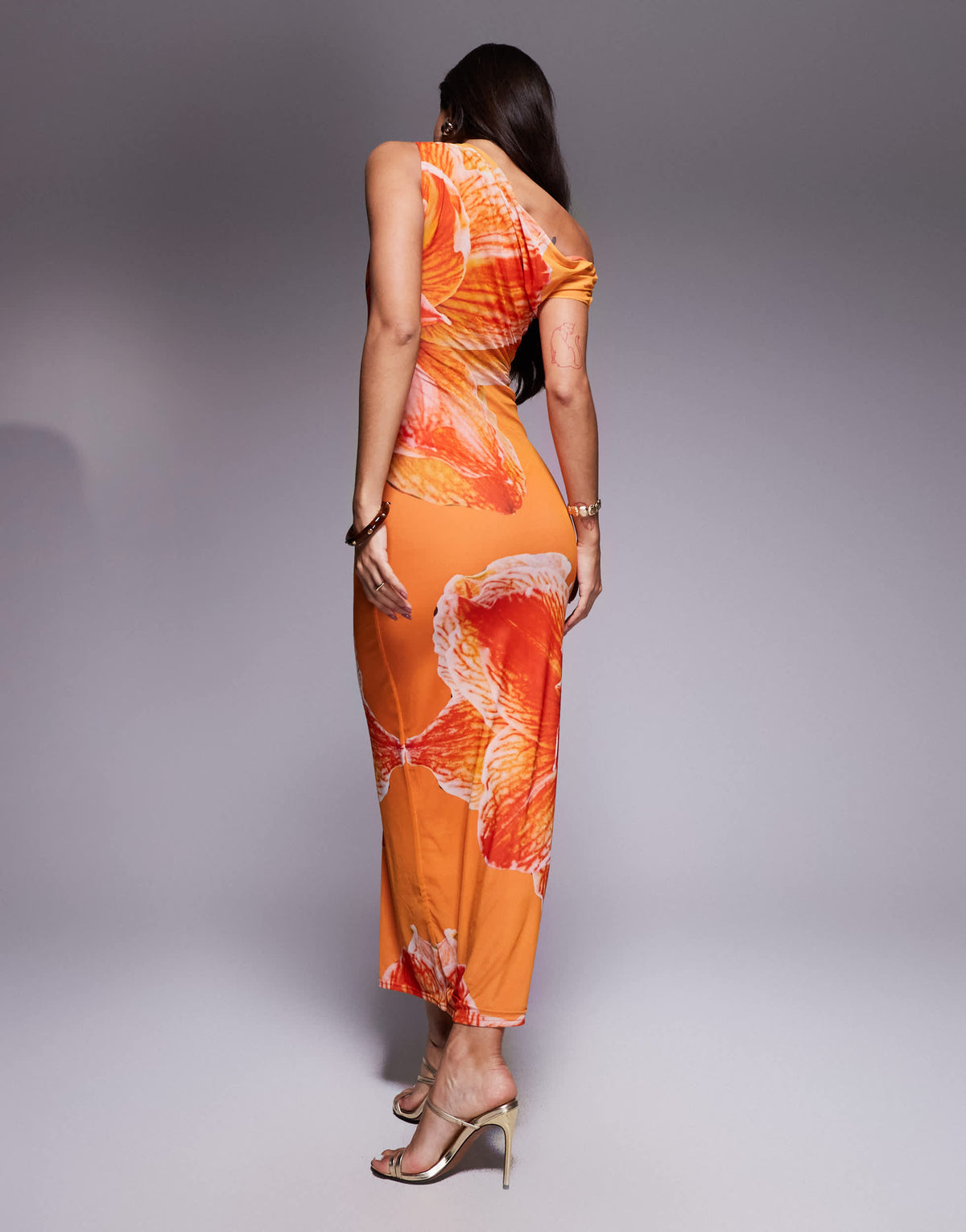 Kaiia exclusive double layered slinky drape off shoulder maxi dress in orange floral