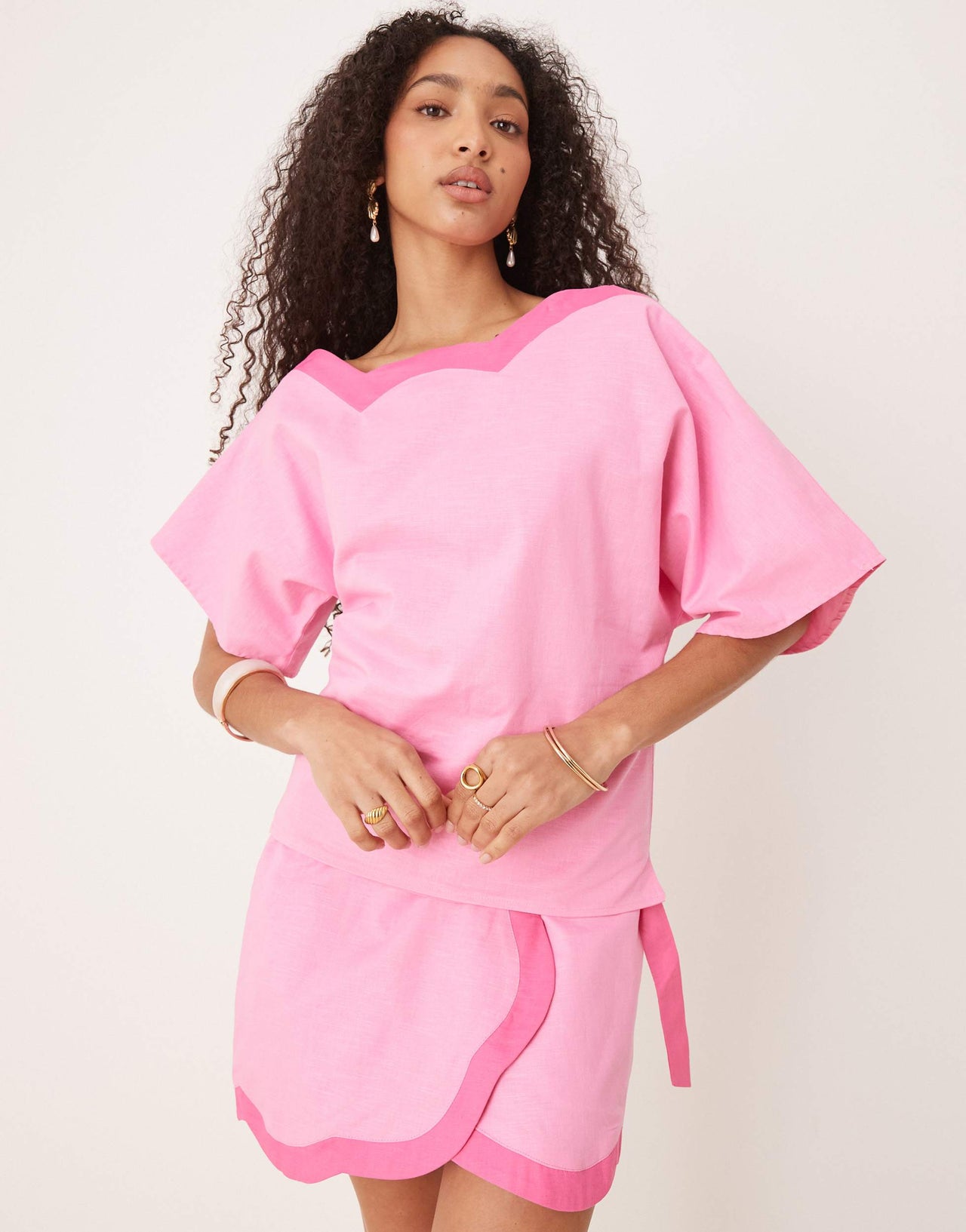 Never Fully Dressed off shoulder top co-ord in contrast pink