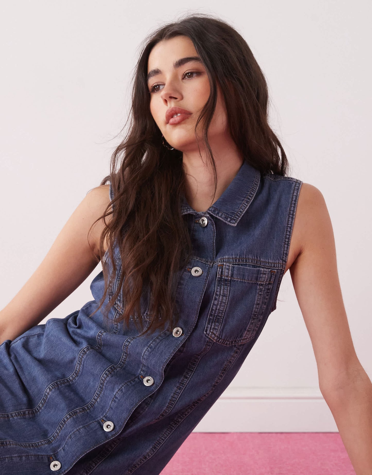 COLLUSION 90s denim sleeveless shirt dress in mid wash