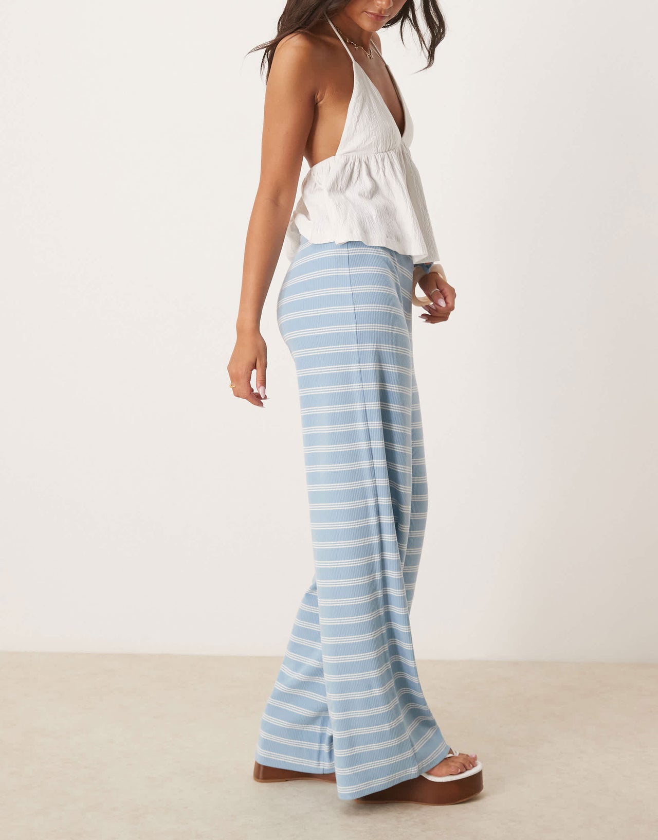 ASOS DESIGN stripe wide leg mid rise trousers co ord in baby blue