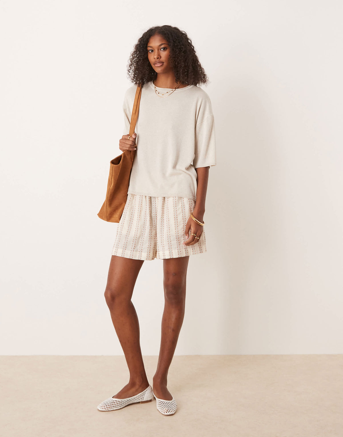 ASOS DESIGN knitted relaxed t-shirt in linen mix in stone