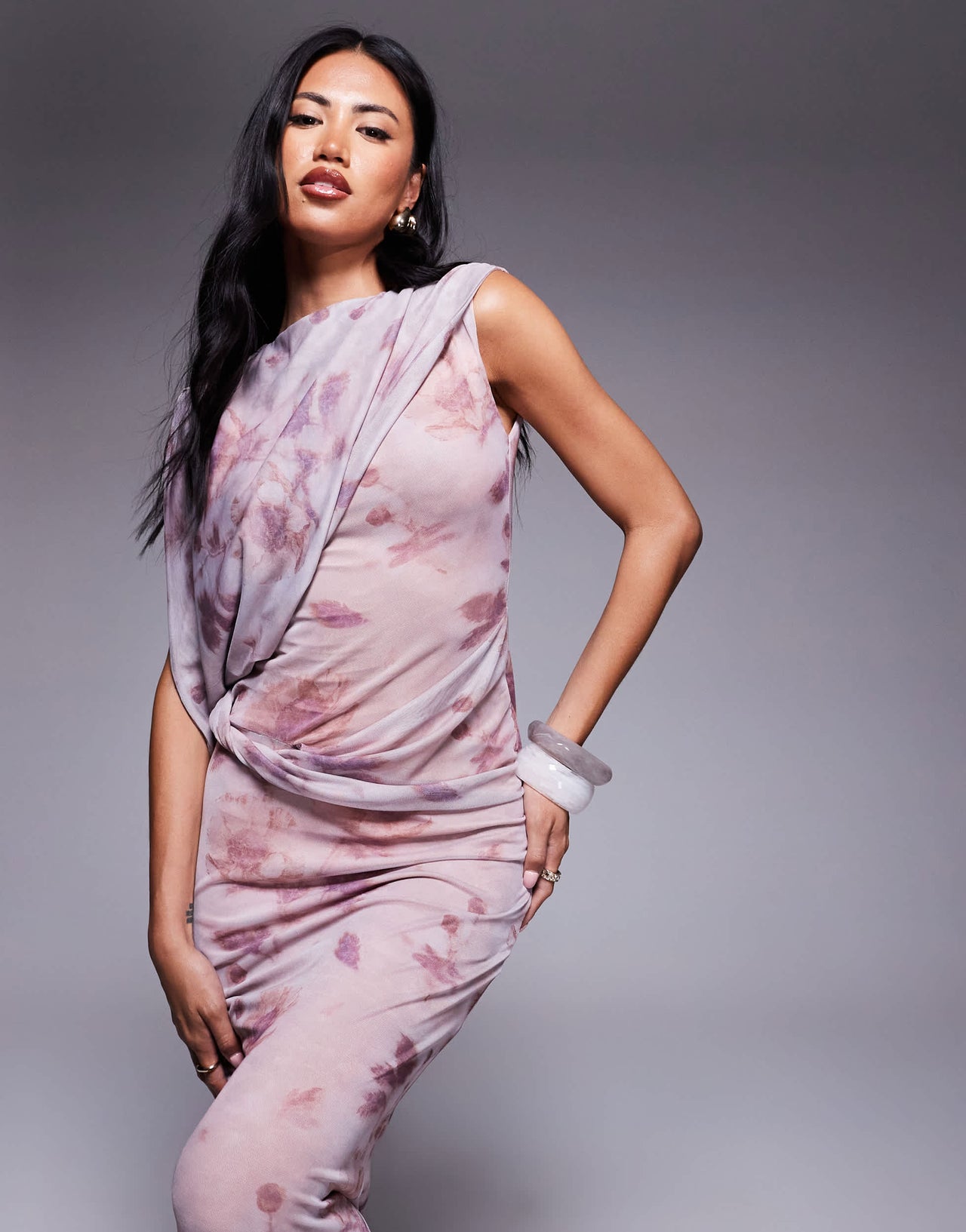 ASOS DESIGN printed mesh draped one shoulder midi dress in blurred floral print