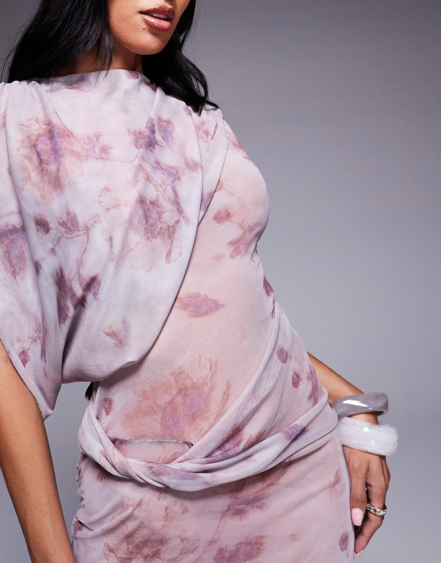 ASOS DESIGN printed mesh draped one shoulder midi dress in blurred floral print