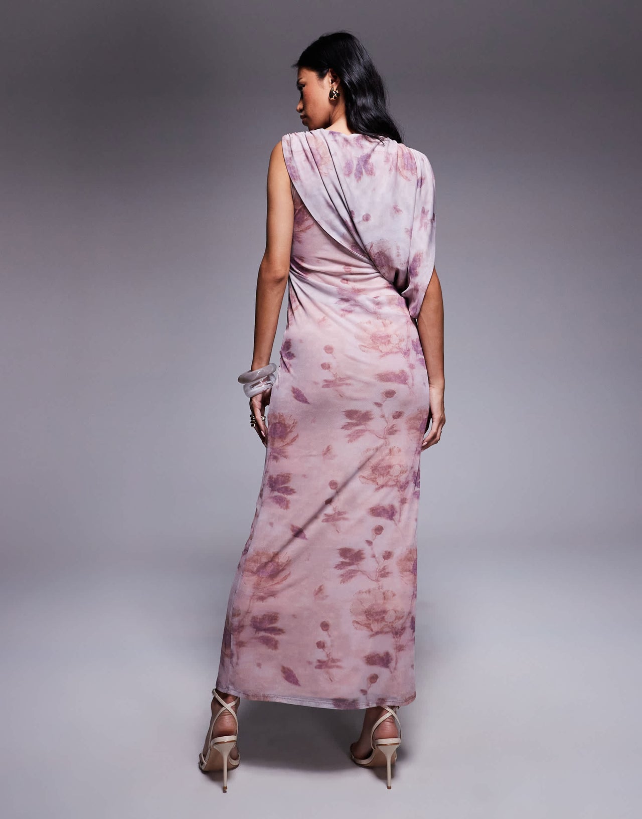 ASOS DESIGN printed mesh draped one shoulder midi dress in blurred floral print