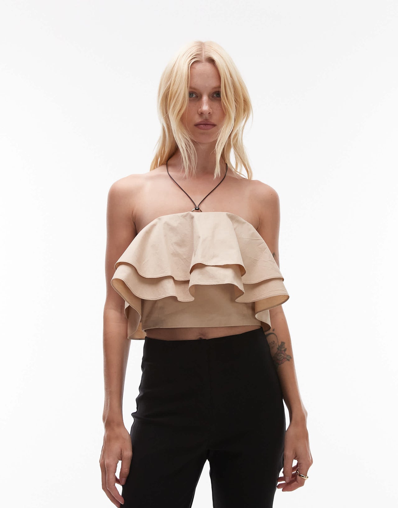 Mango featuring Kaia Gerber premium cotton ruffle bardot top co-ord in stone