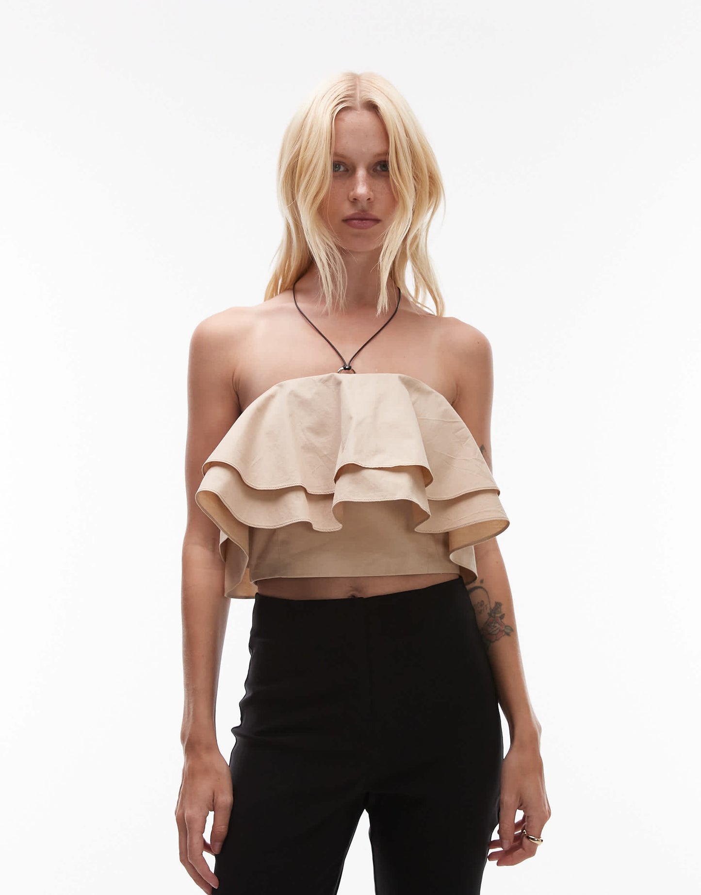 Mango featuring Kaia Gerber premium cotton ruffle bardot top co-ord in stone