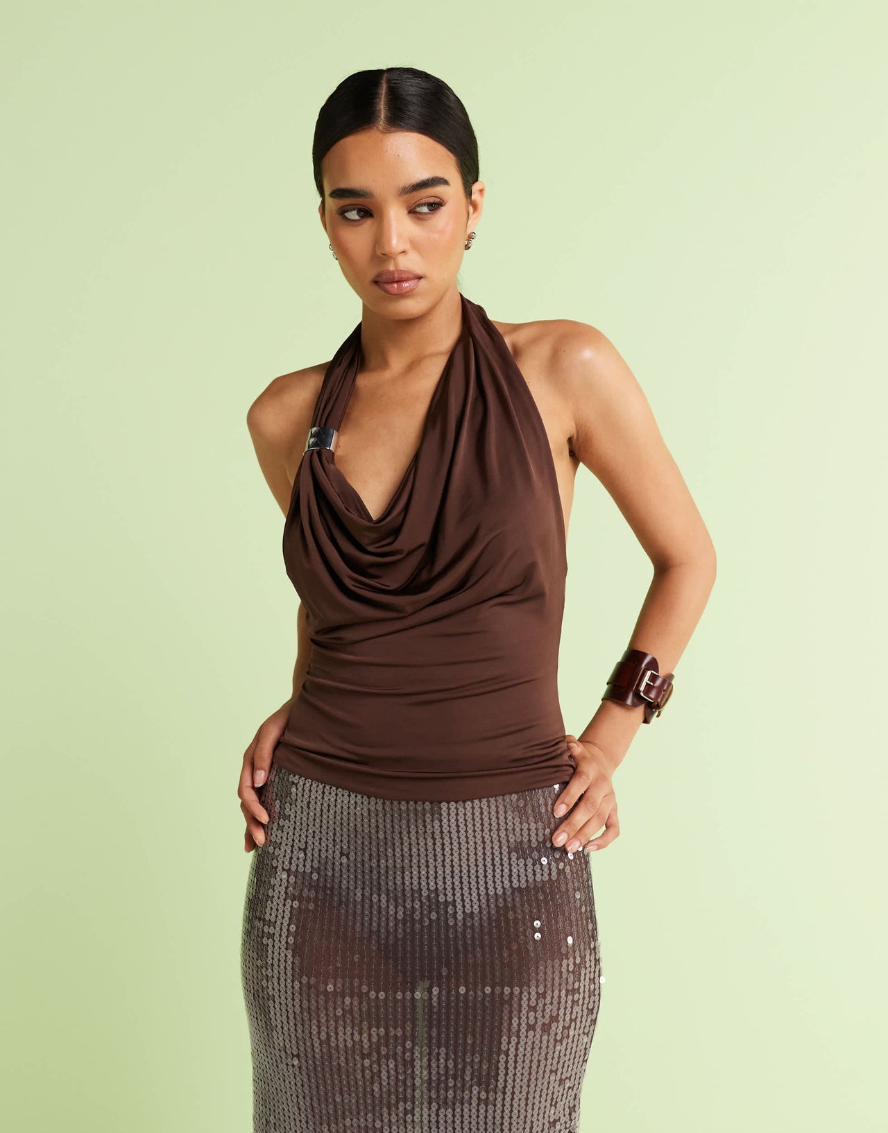 Mango featuring Kaia Gerber slinky backless halter top with metal detail in chocolate