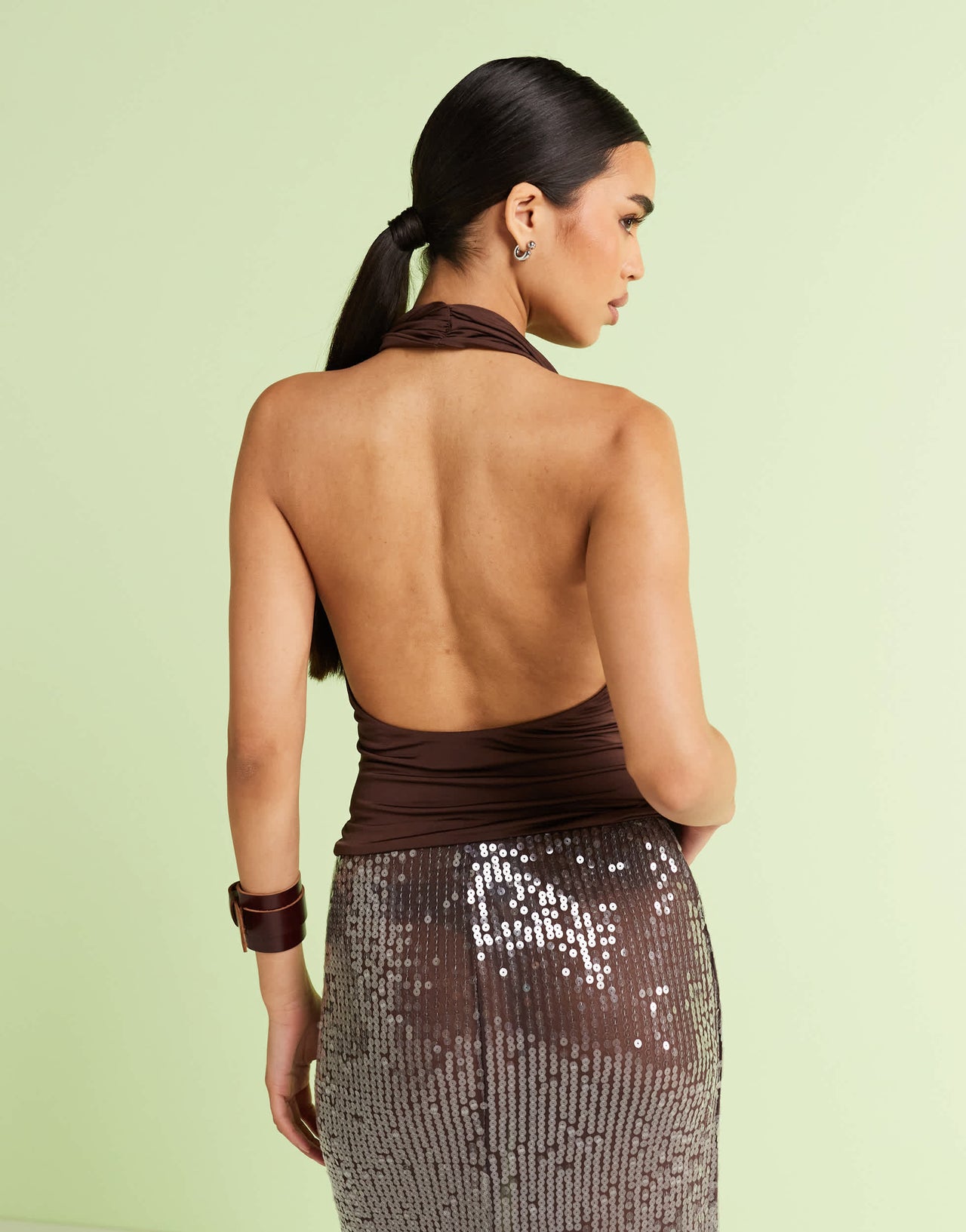 Mango featuring Kaia Gerber slinky backless halter top with metal detail in chocolate