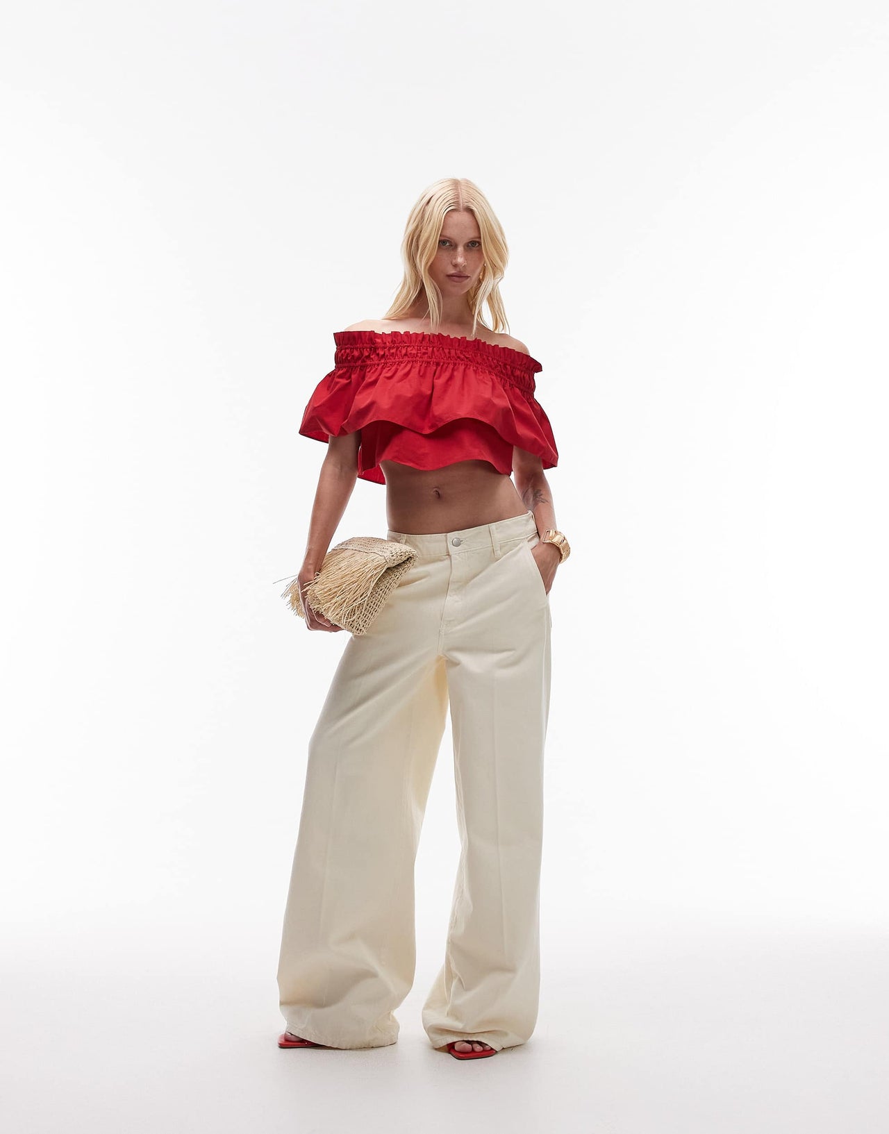 Mango featuring Kaia Gerber premium cotton shirred detail bandeau top in red