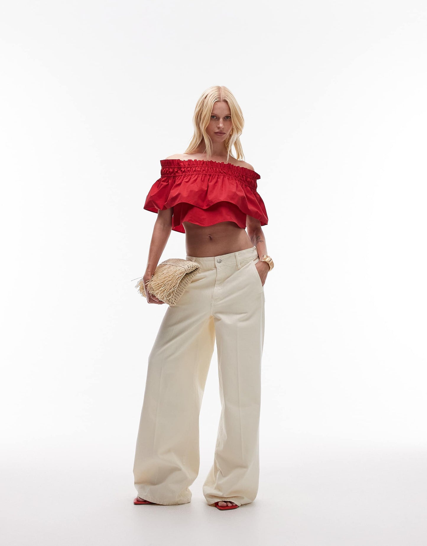 Mango featuring Kaia Gerber premium cotton shirred detail bandeau top in red