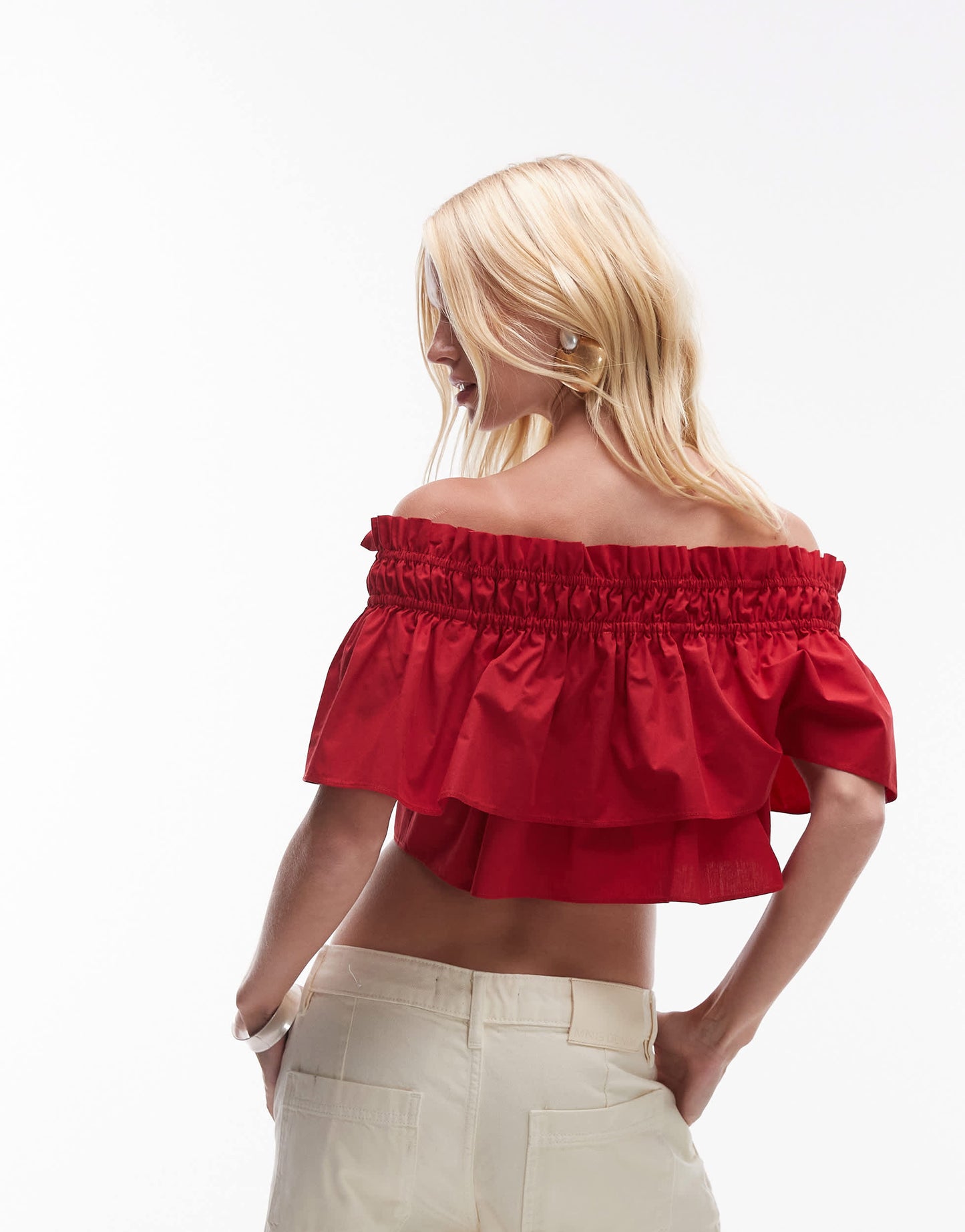 Mango featuring Kaia Gerber premium cotton shirred detail bandeau top in red